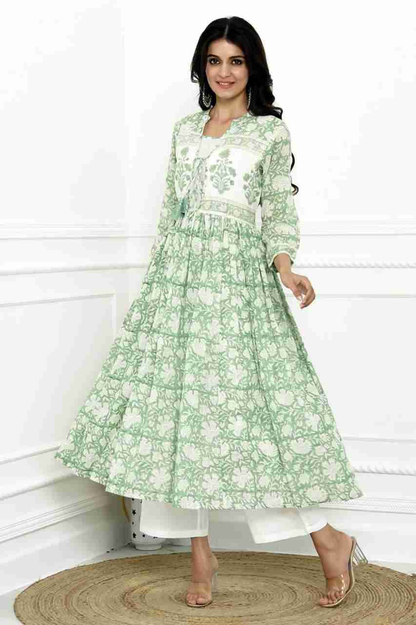 Naksh White And Light Green Printed Gathered Cotton Kota Kurta