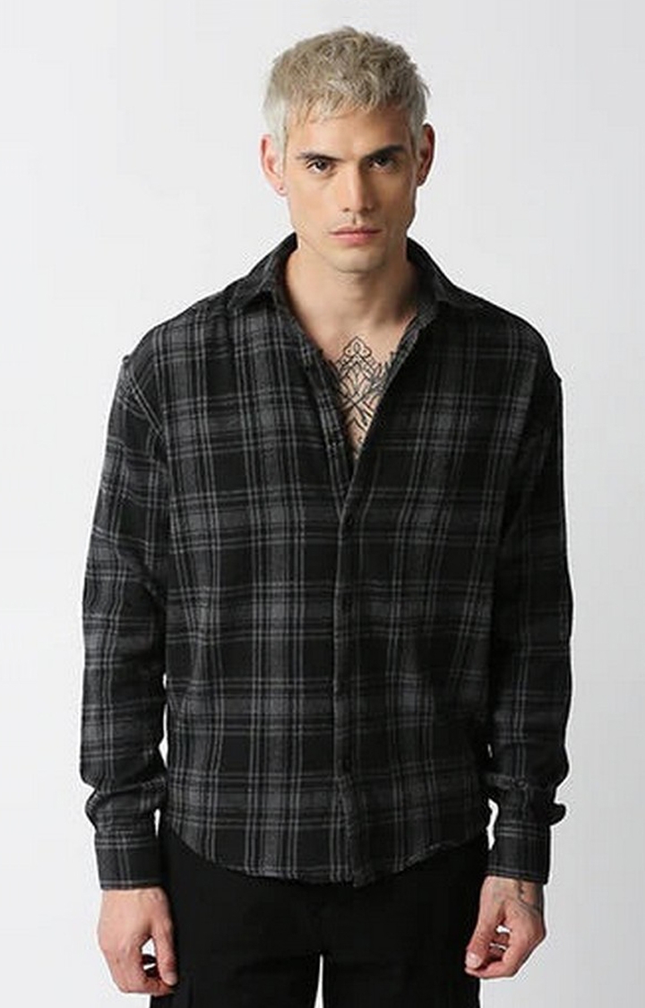 Hemsters | Men's Dark Grey Cotton Checked Casual Shirts