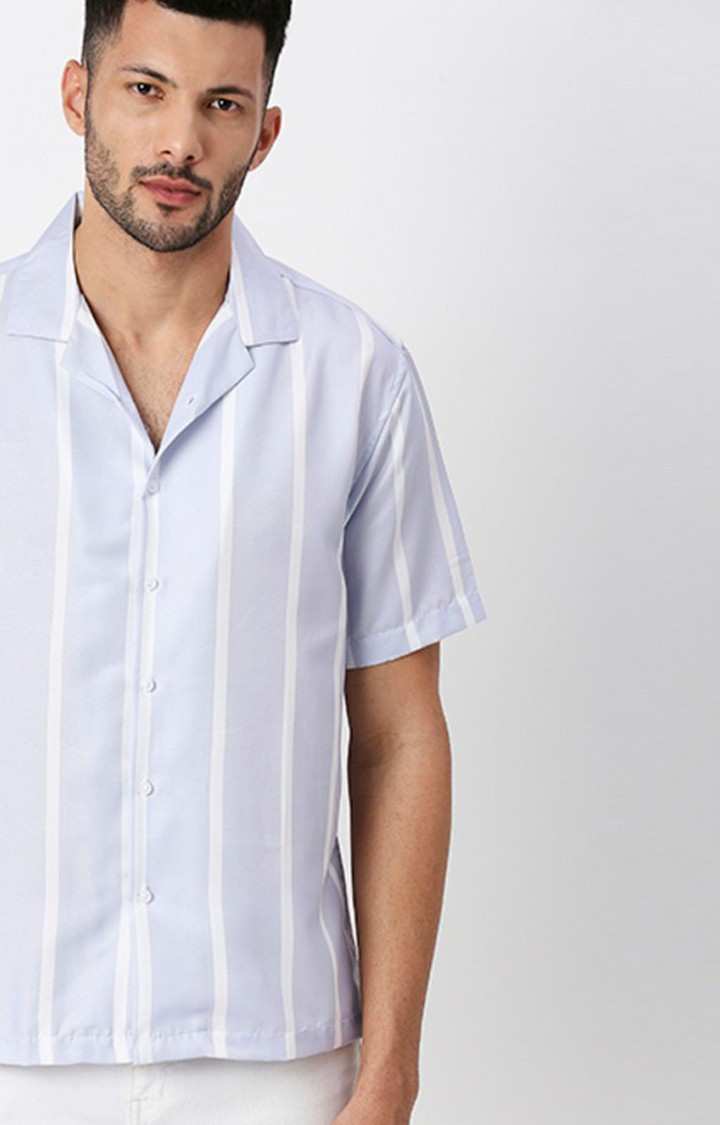 Men White and Purple Striped Casual Shirts