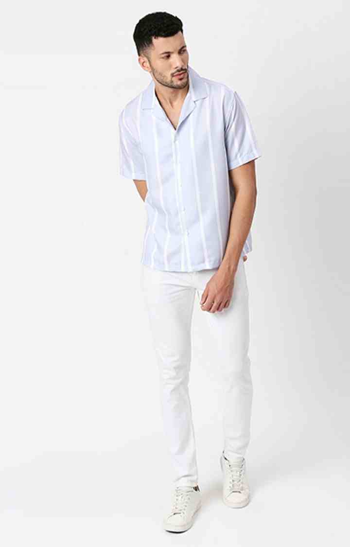 Men White and Purple Striped Casual Shirts
