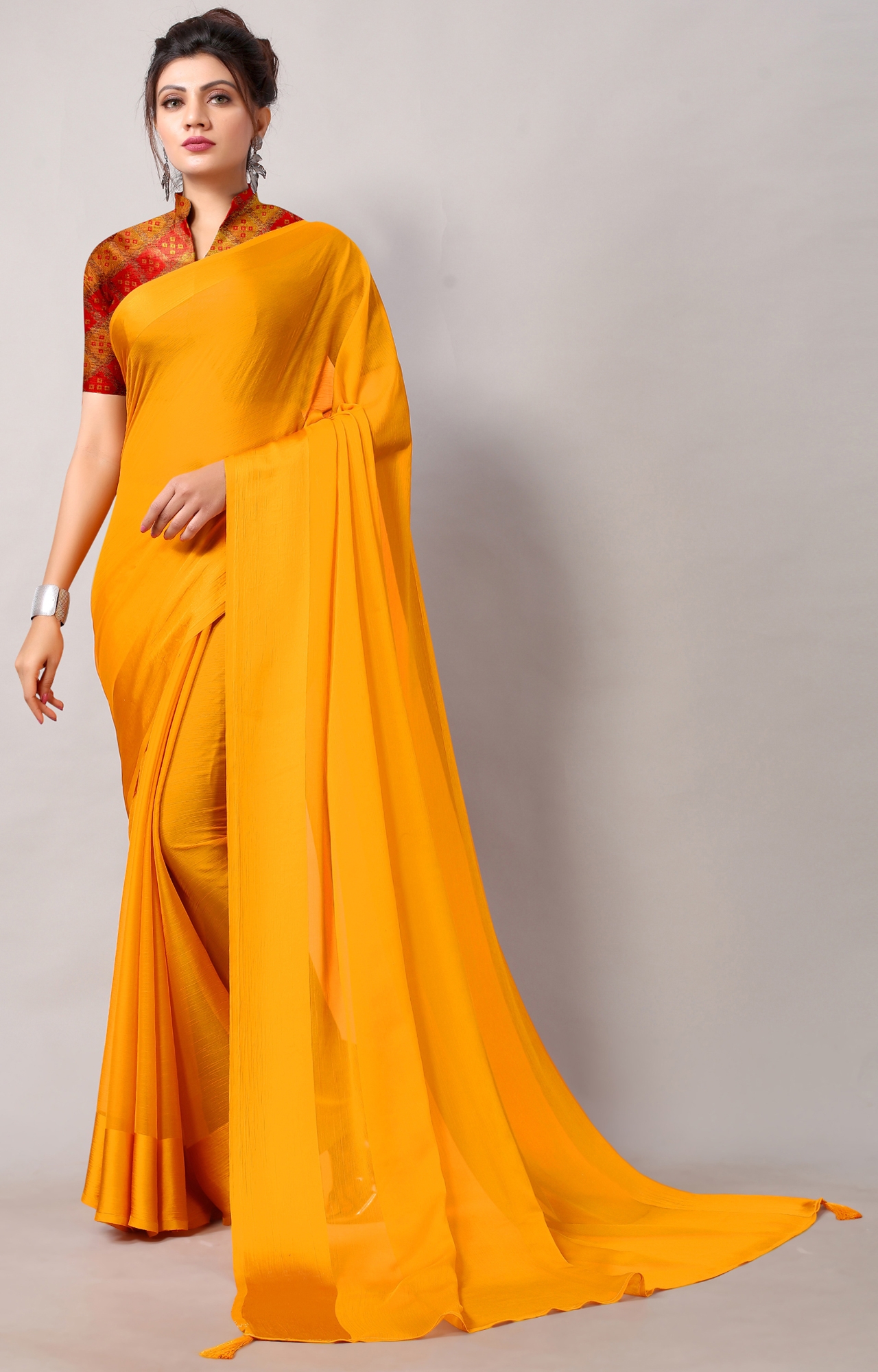 Women Yellow Chiffon Party Wear Solid Saree-HACFNSTNBDR1079YLW