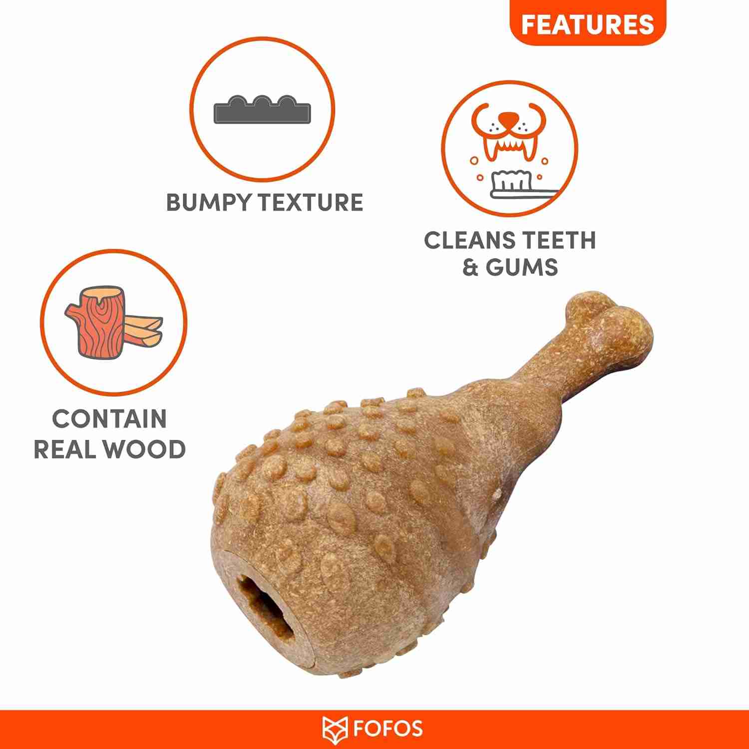Barkbutler Fofos Woodplay Drumstick Durable Dog Chew Toy (Brown), 11 CM