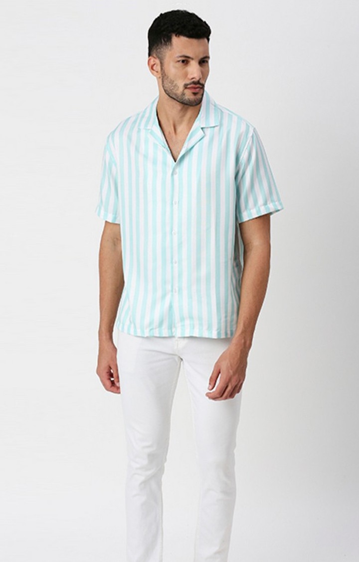 Hemsters | Men White and Light green Striped Casual Shirts