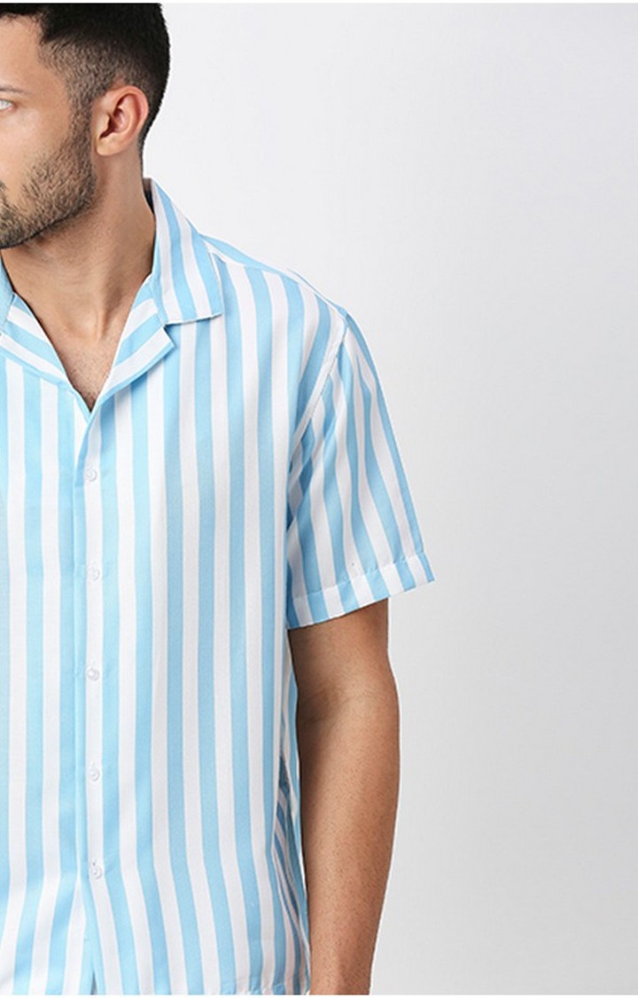 Men White and Sky Blue Striped Casual Shirts