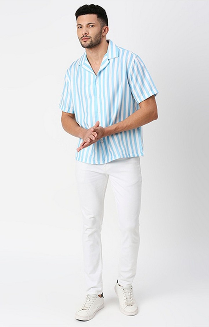 Men White and Sky Blue Striped Casual Shirts