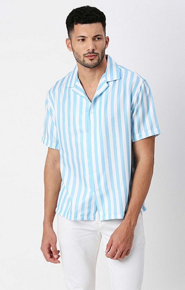 Men White and Sky Blue Striped Casual Shirts
