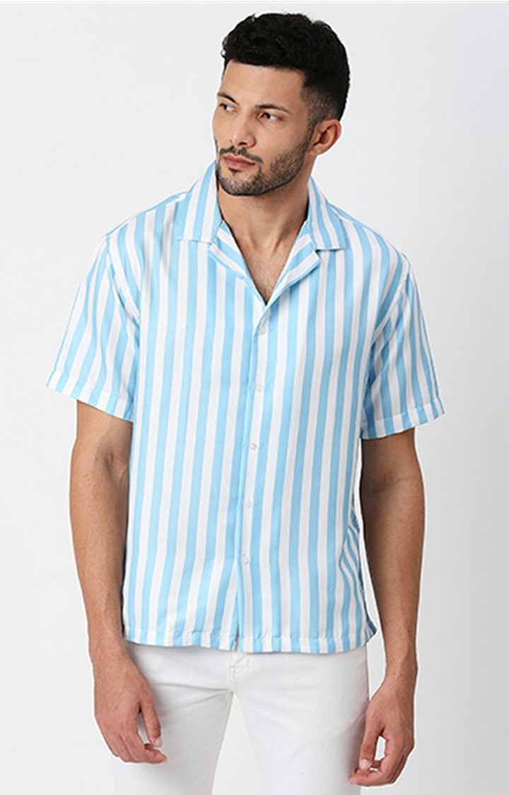Men White and Sky Blue Striped Casual Shirts