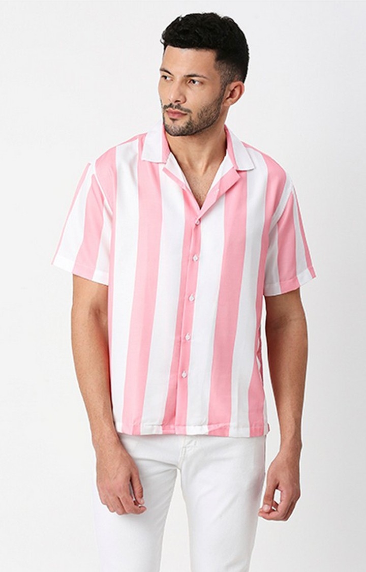 Men White and Pink Striped Casual Shirts