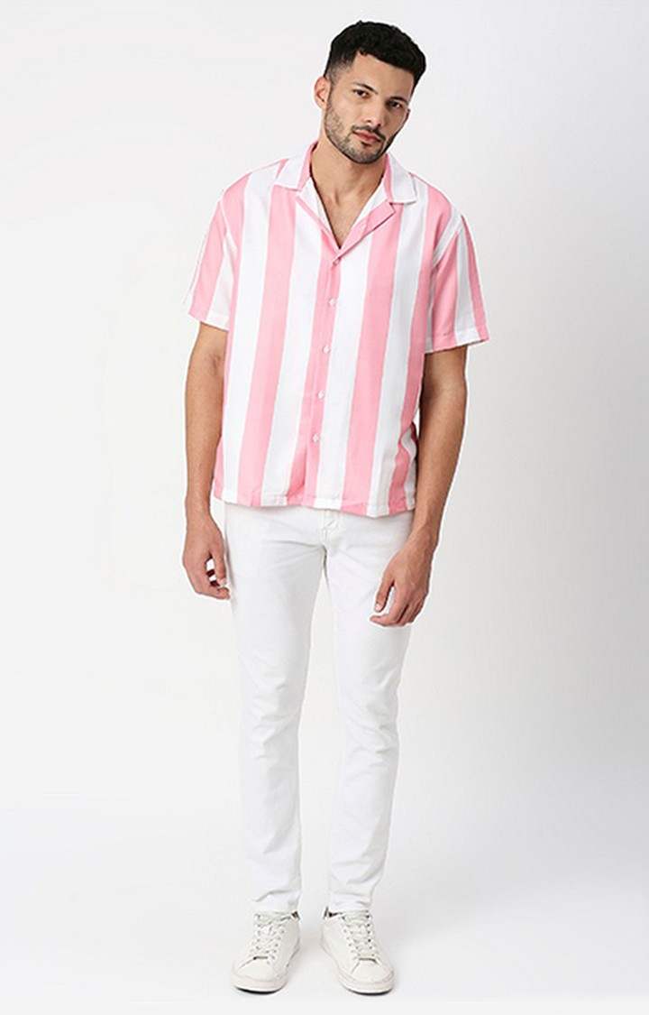 Men White and Pink Striped Casual Shirts