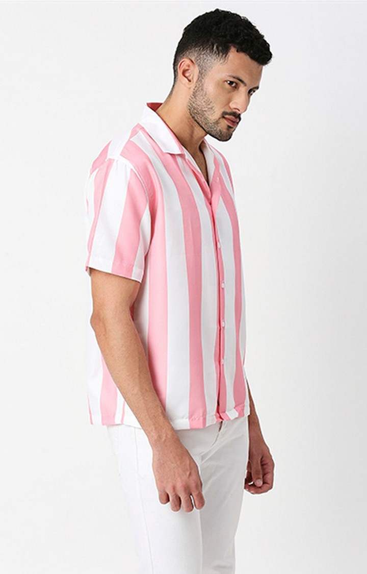Men White and Pink Striped Casual Shirts