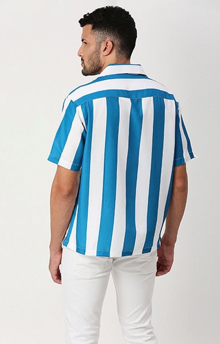 Men White and Blue Striped Casual Shirts