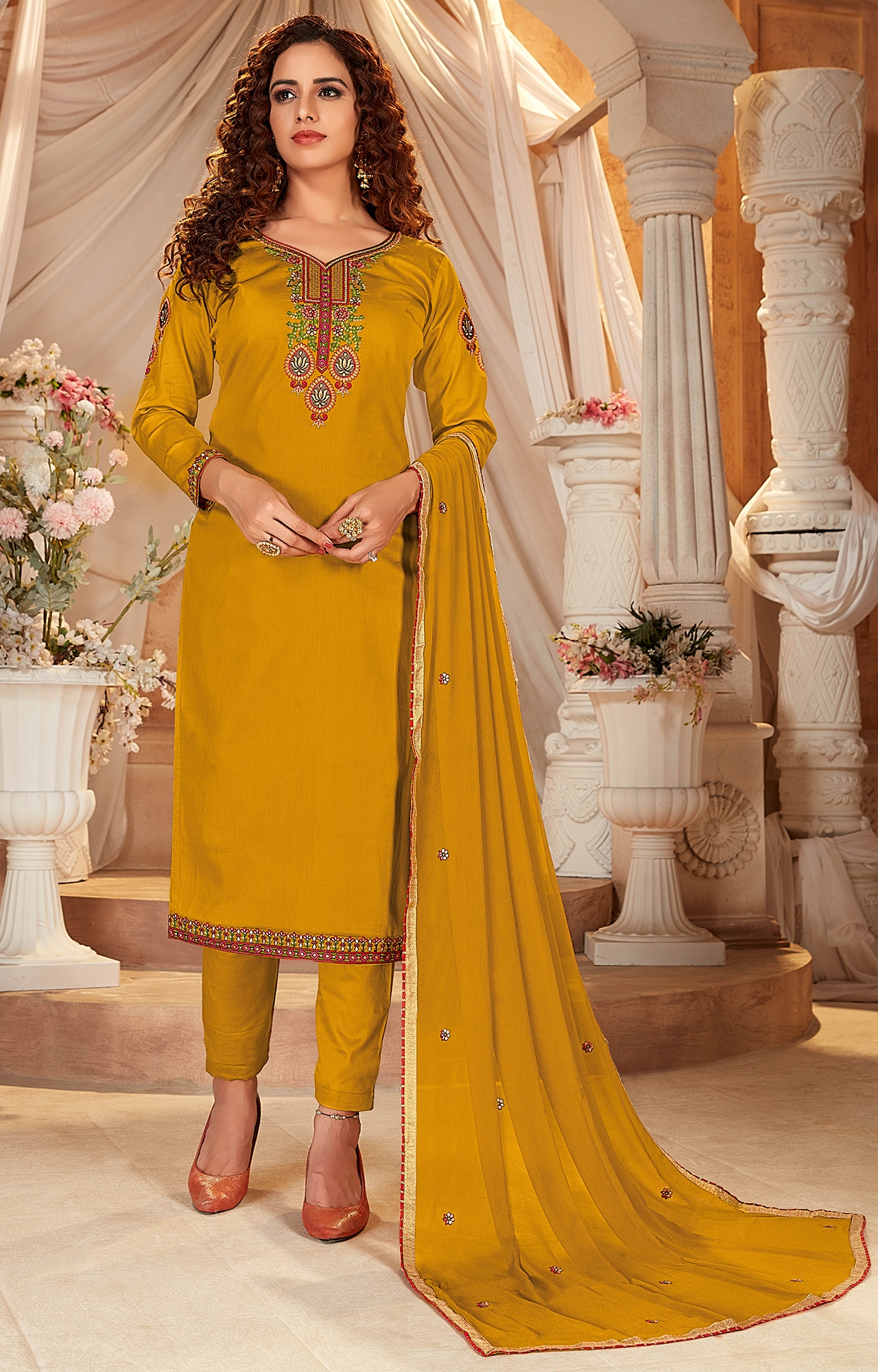 Mustard Color Cotton Embroidered Unstitched Dress Material-FL_PANKHUDI1062_DM
