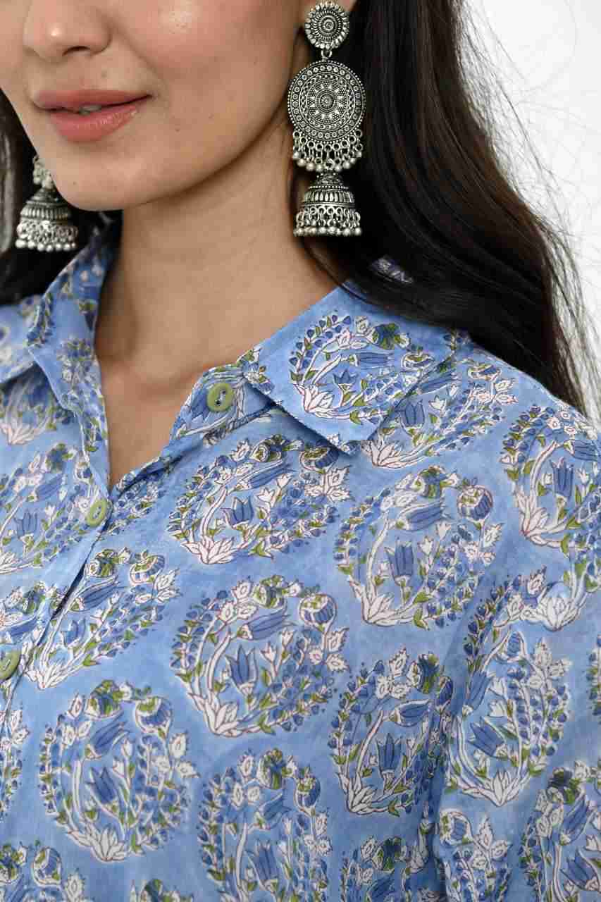 Naksh Indigo Blue Block Printed Long Shirt Kurta With Pockets