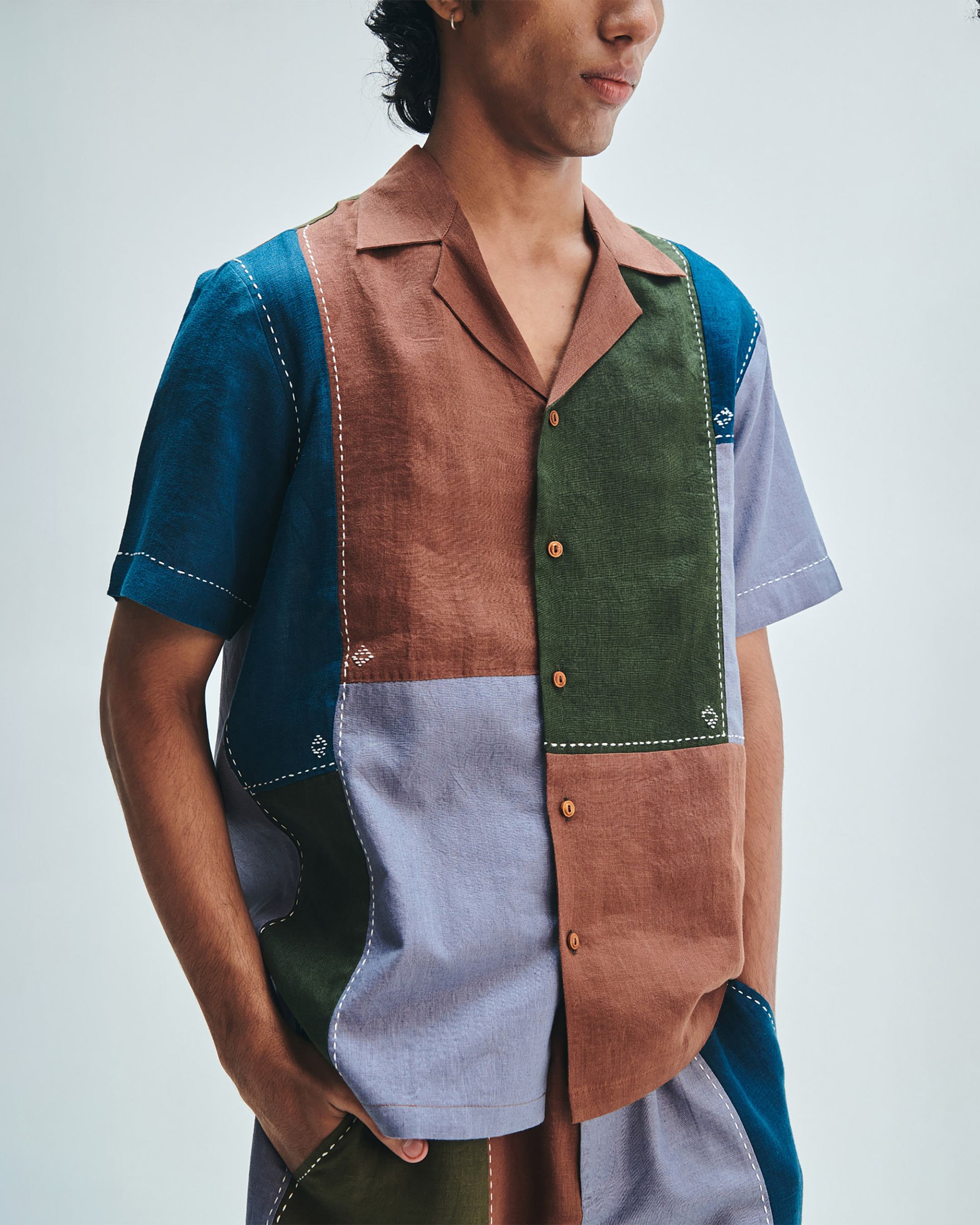 Patchwork Linen Men's Camp Collar Shirt Set