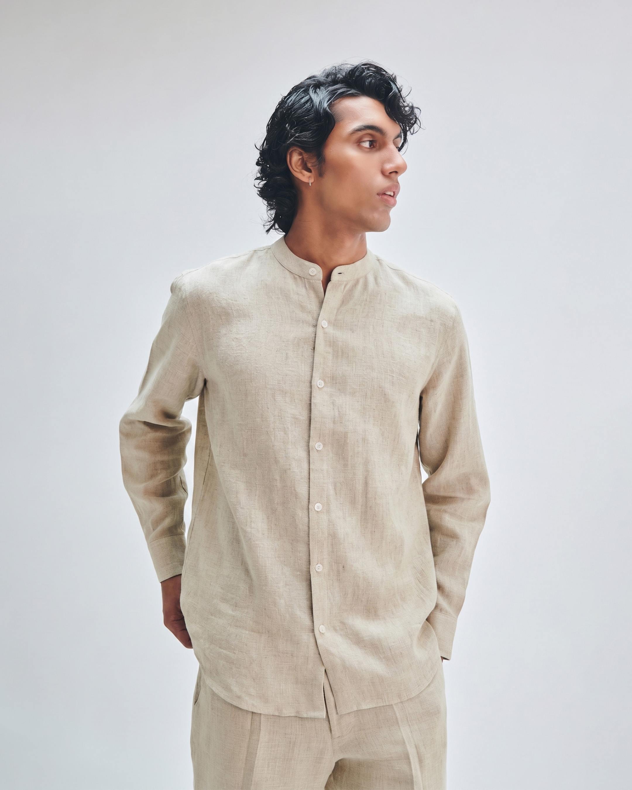 Undyed Linen Men's Band Collar Shirt