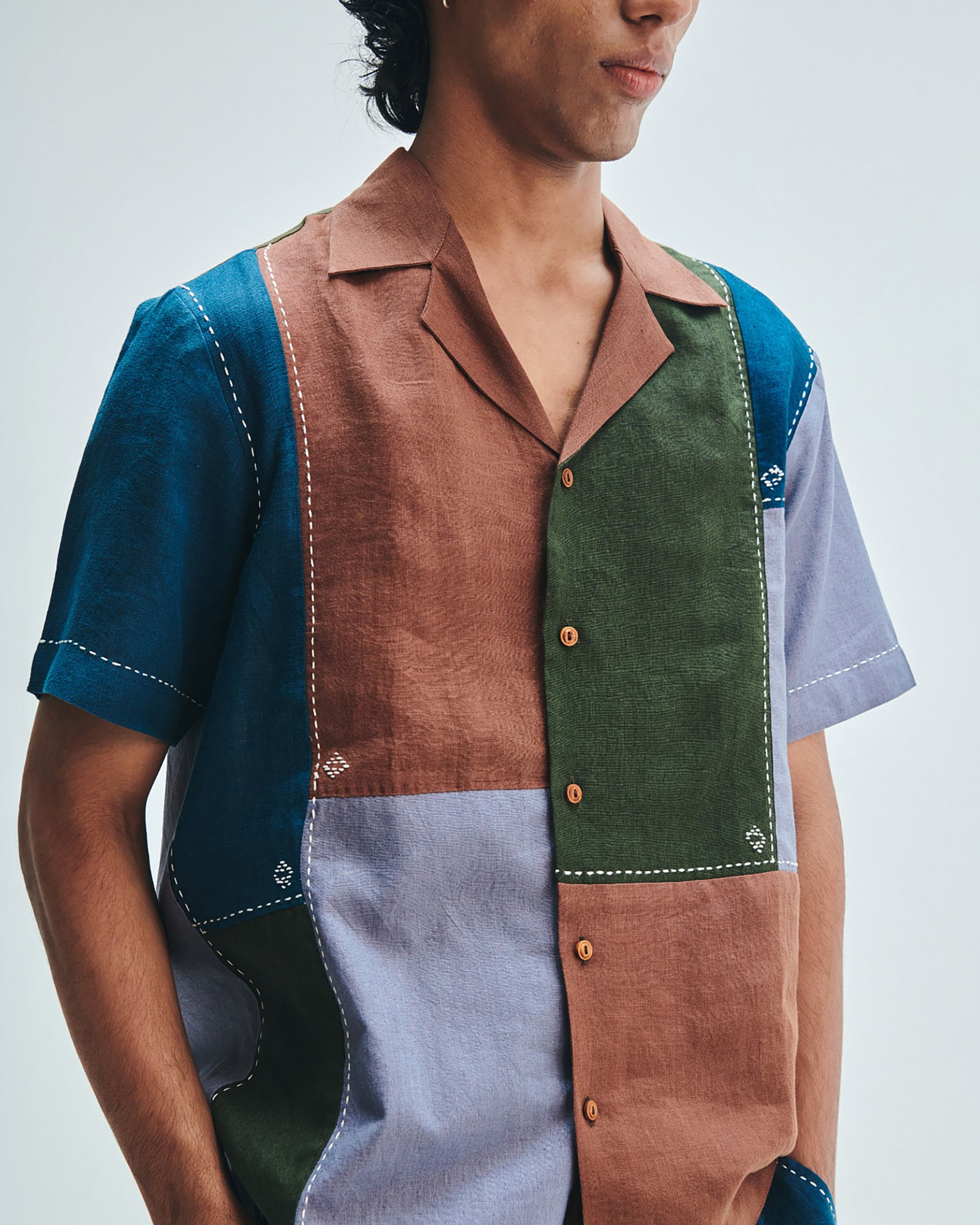 Patchwork Linen Men's Camp Collar Shirt