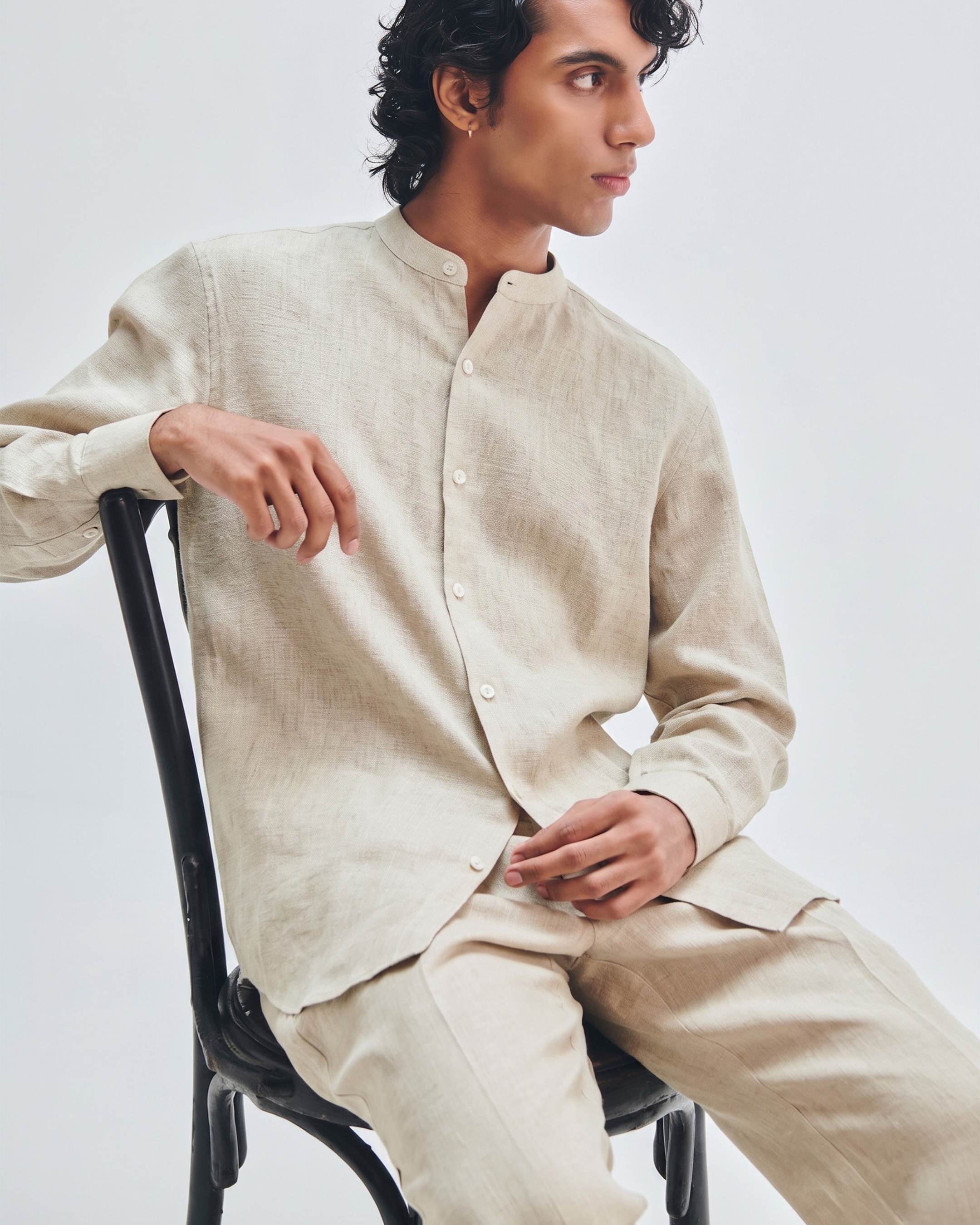 Undyed Linen Men's Straight Pleated Pants