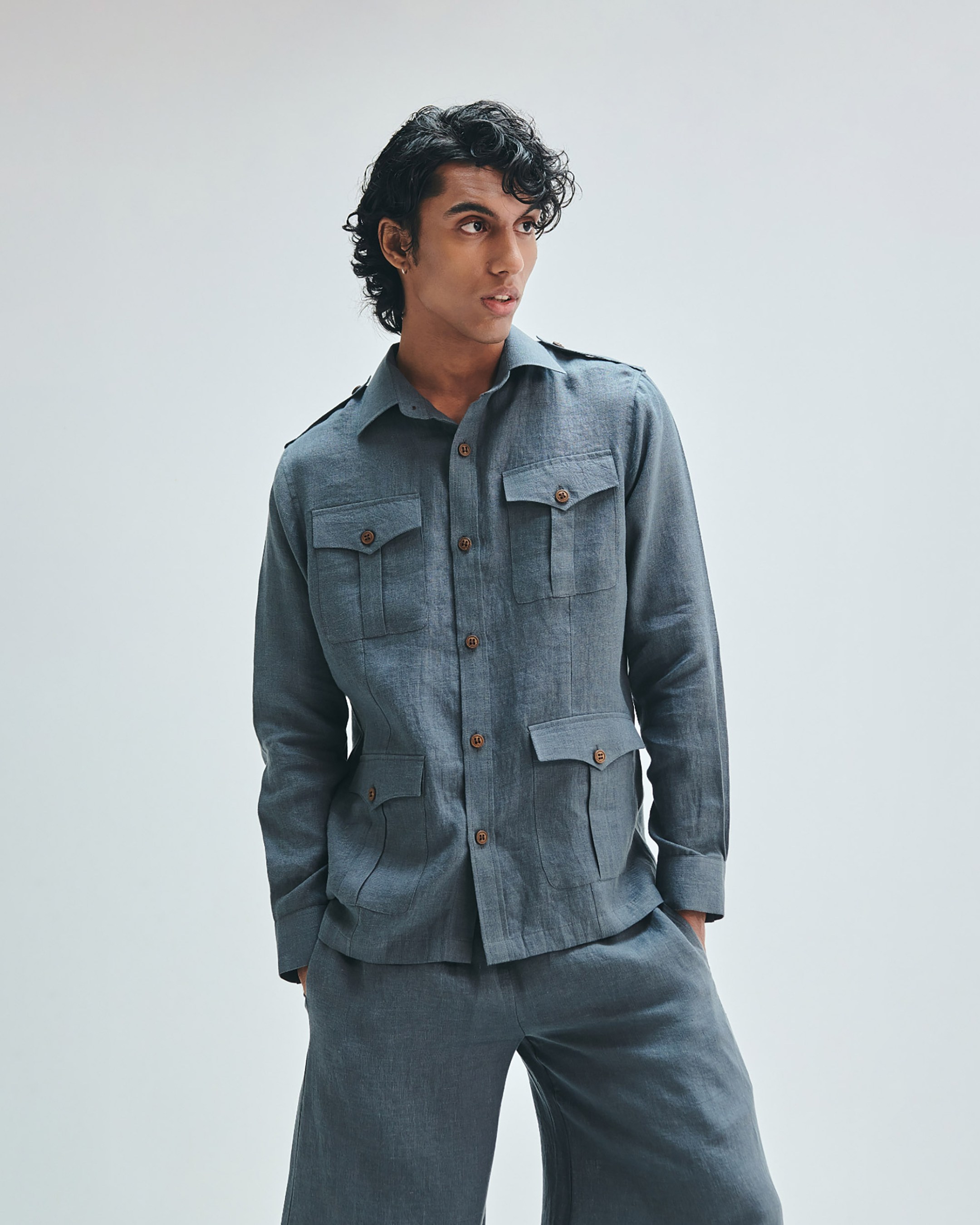 Slate Linen Men's Safari Overshirt Set