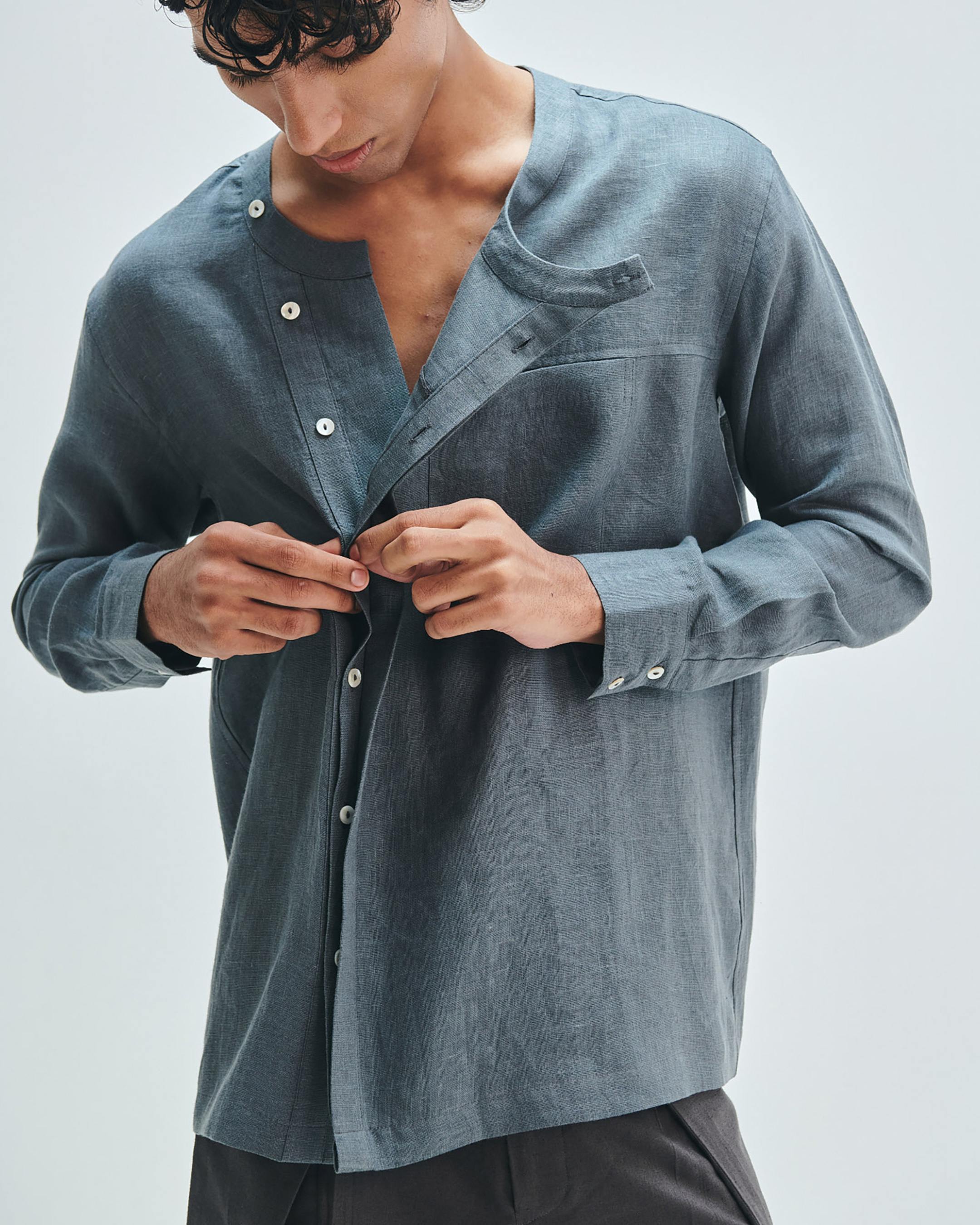 Slate Linen Men's Side Placket Shirt