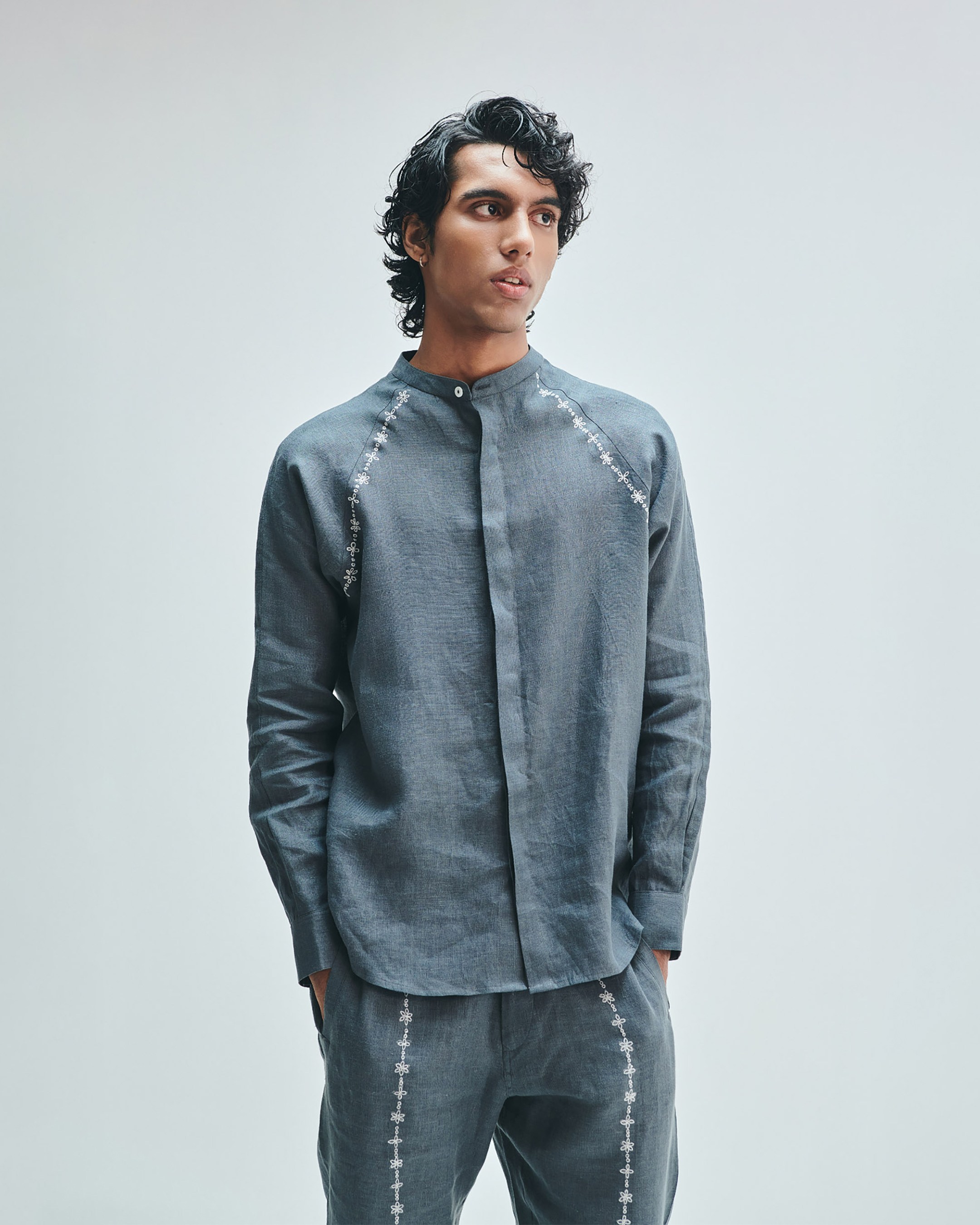 Slate Linen Embroidered Men's Raglan Shirt Set