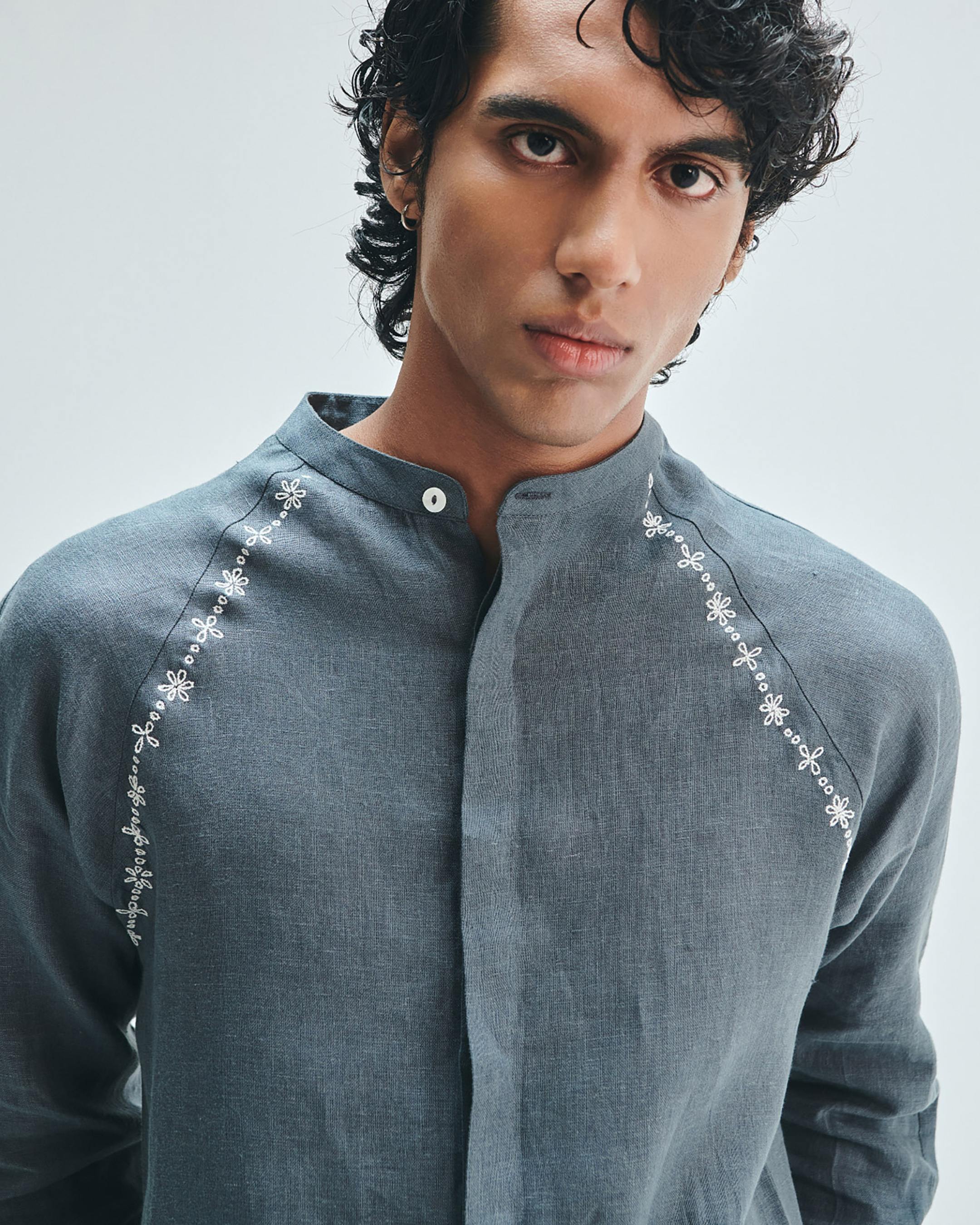 Slate Linen Embroidered Men's Raglan Shirt