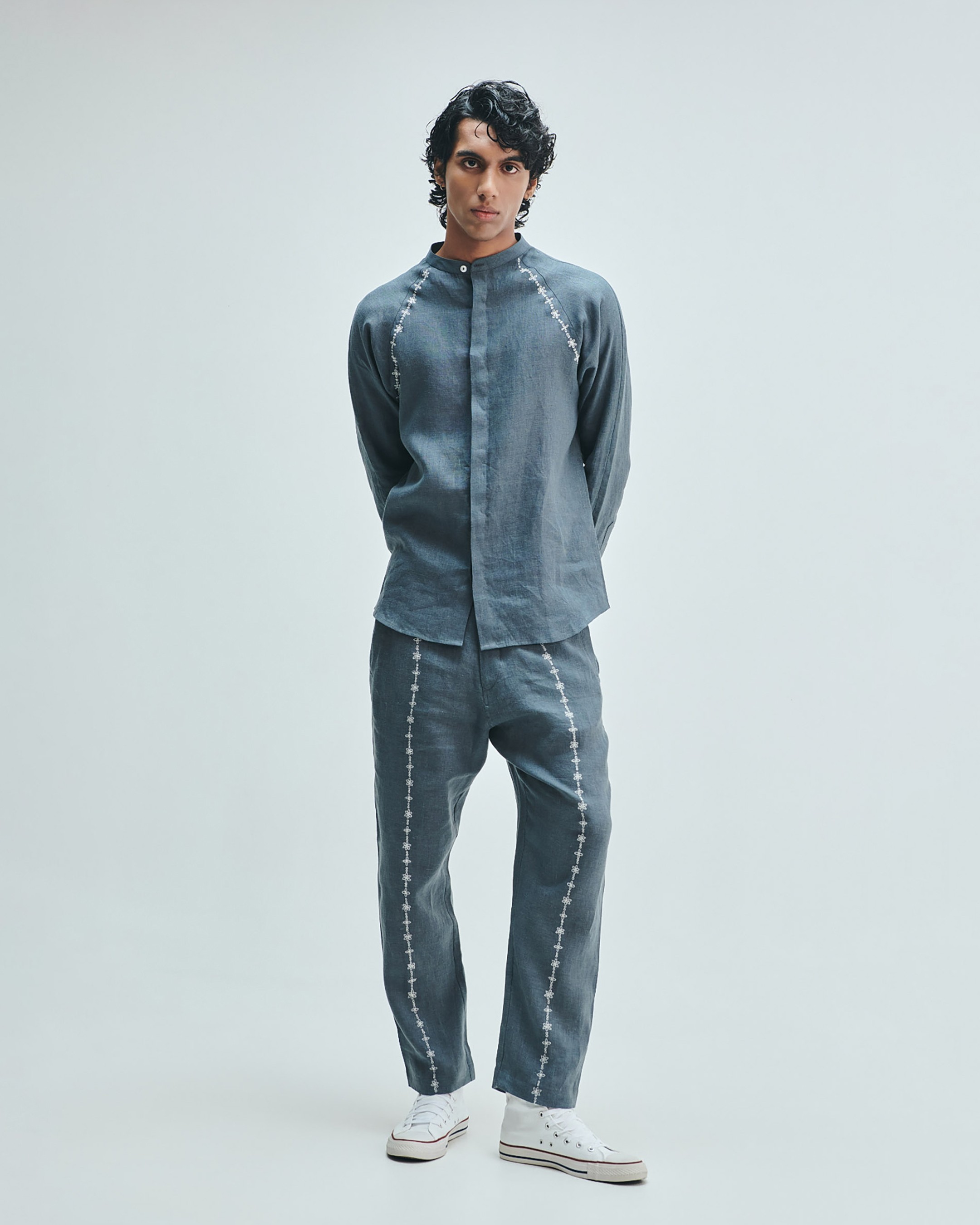 Slate Linen Embroidered Men's Tapered Lounge Pants