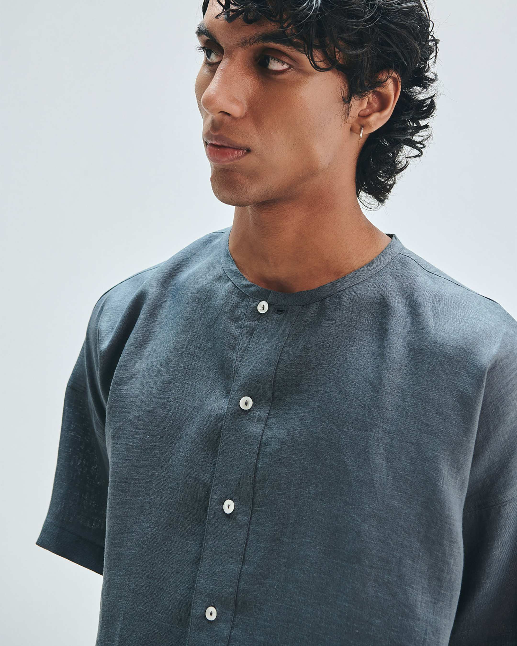 Slate Linen Men's Half Sleeves Panelled Shirt Kurta