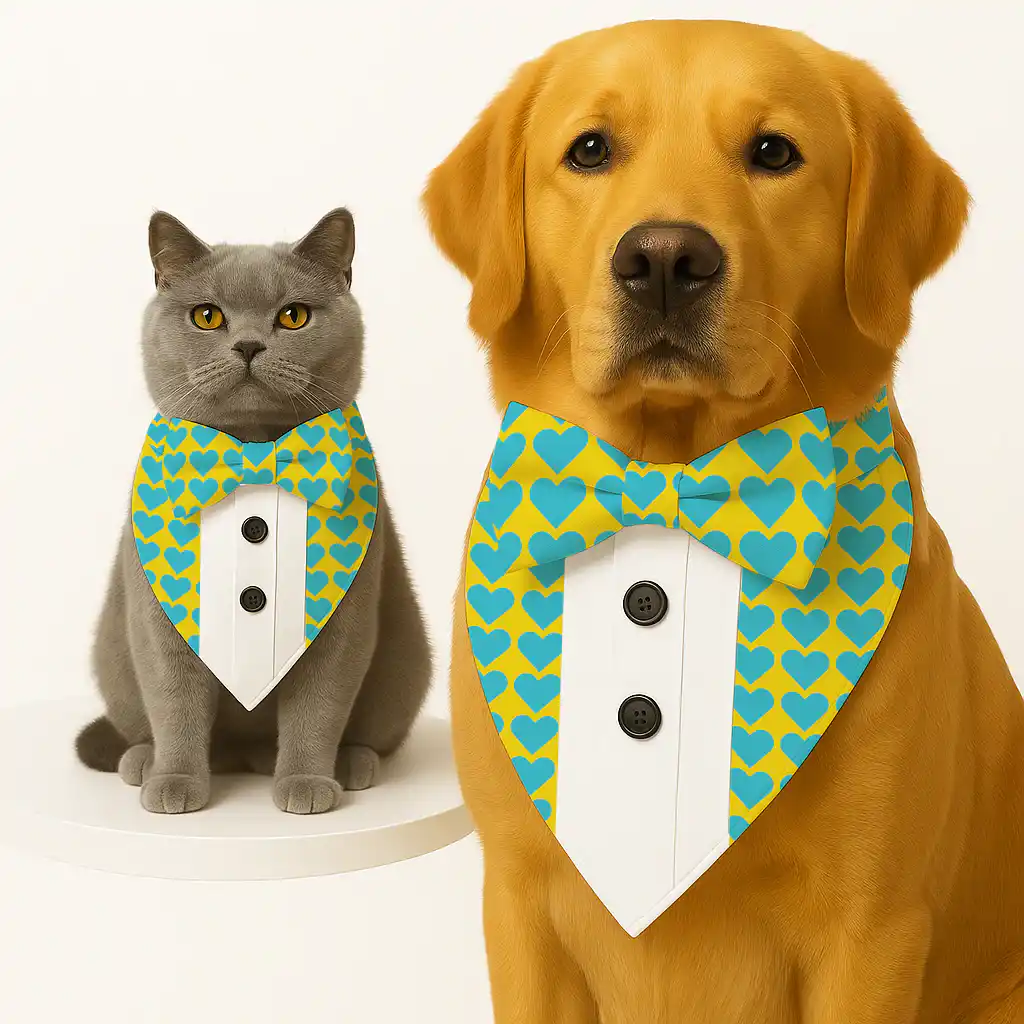 PawsIndia Heart Pattern Tuxedo Bandana with Matching Bow for Pets