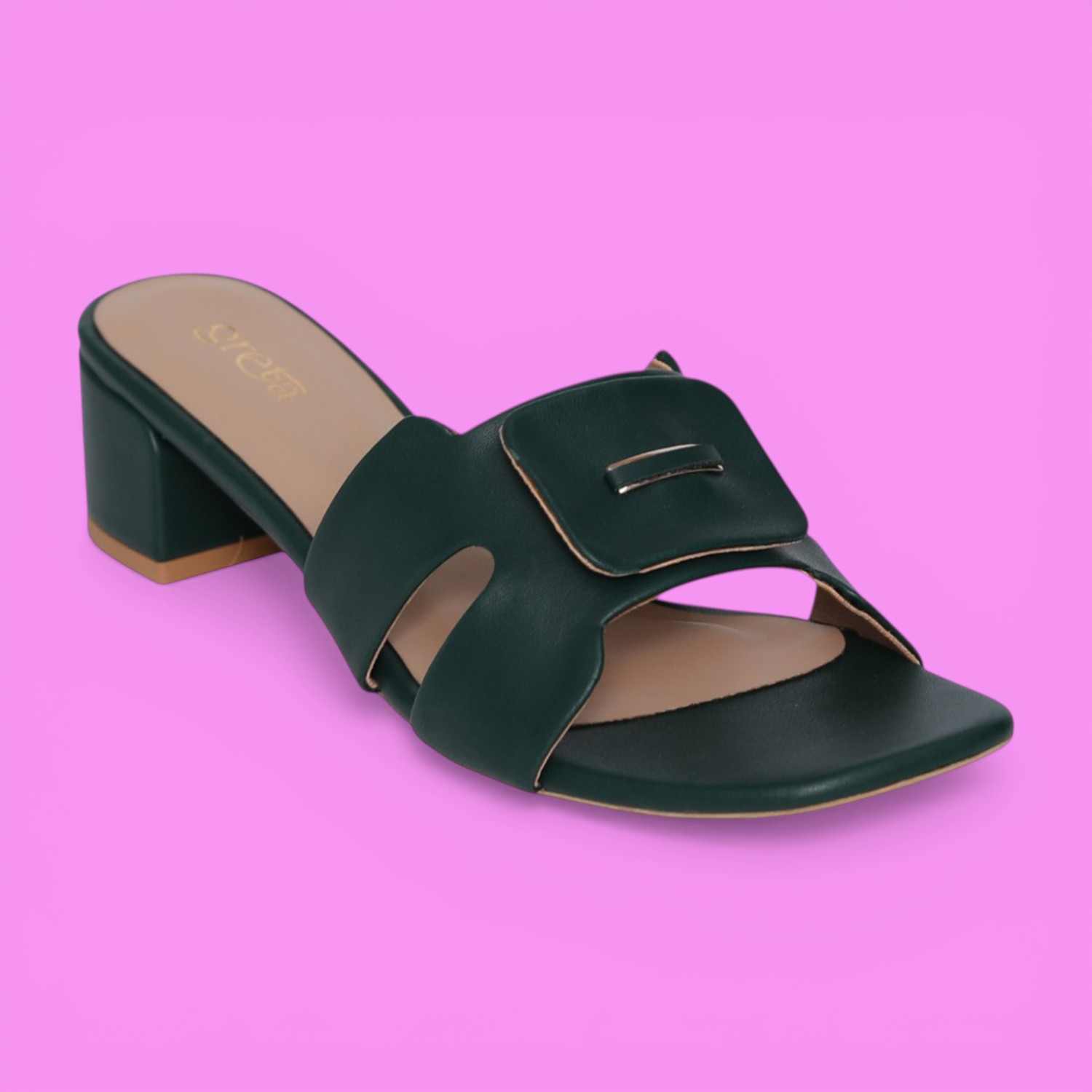 greta | Women Deep Green Buckle Accent Heels|0