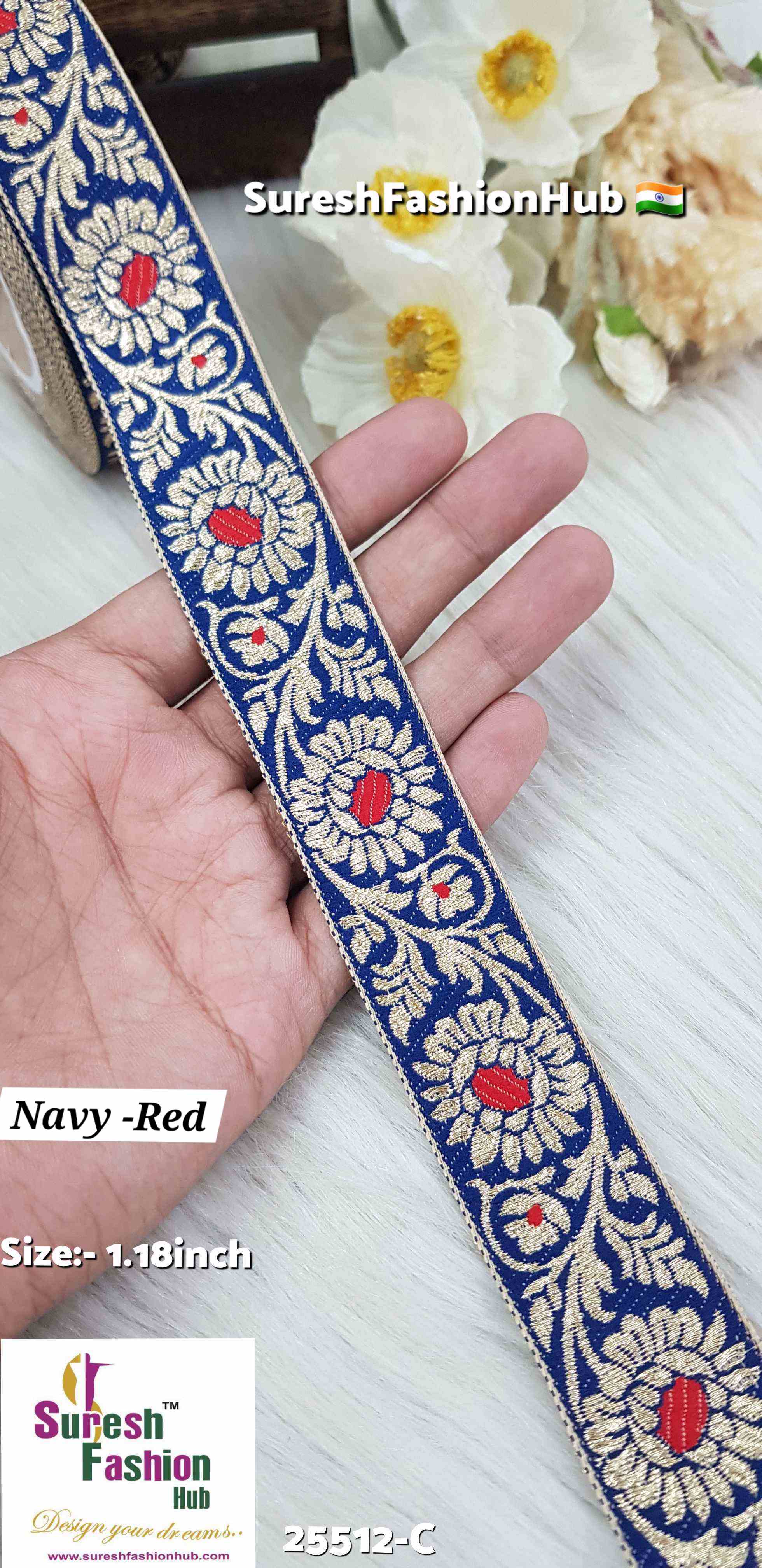 Navy-Red Floral Banarasi Lace