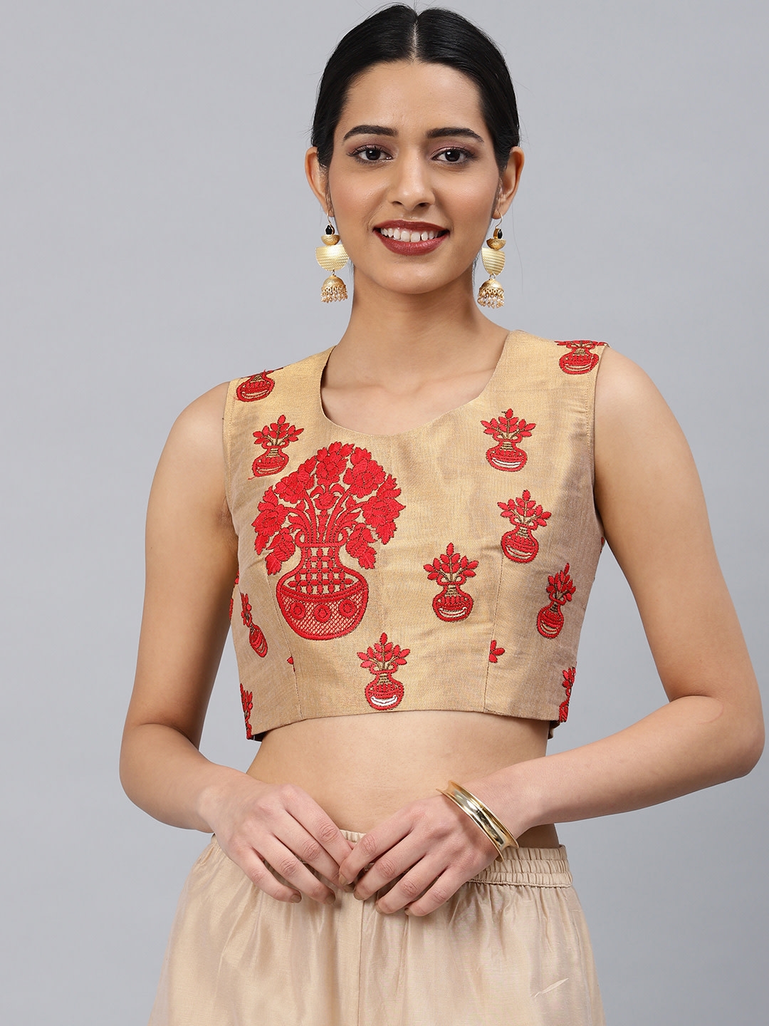 Shaily Women Beige Red Jacquard Padded Ready Made Saree Blouse