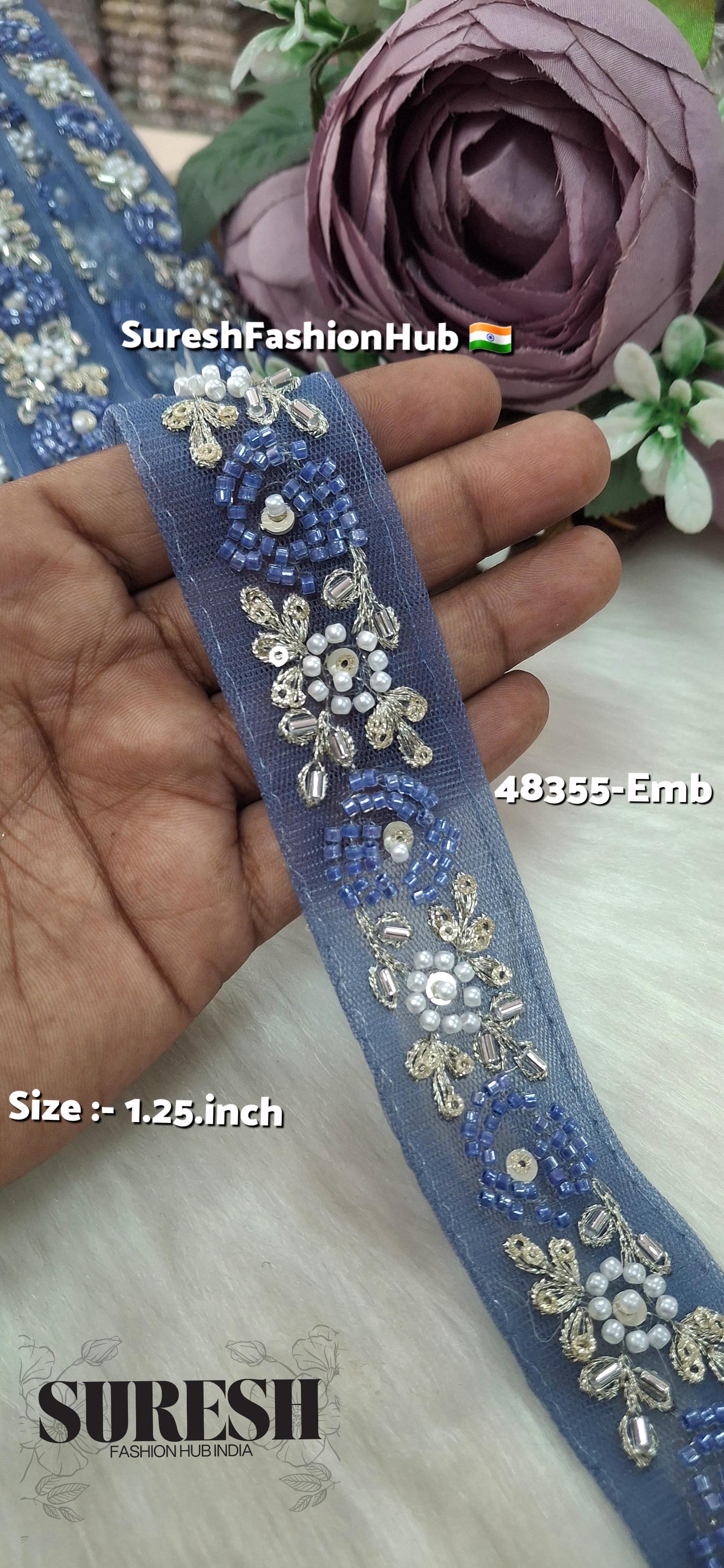 Blue Beaded Bloom Net Embroidered Lace