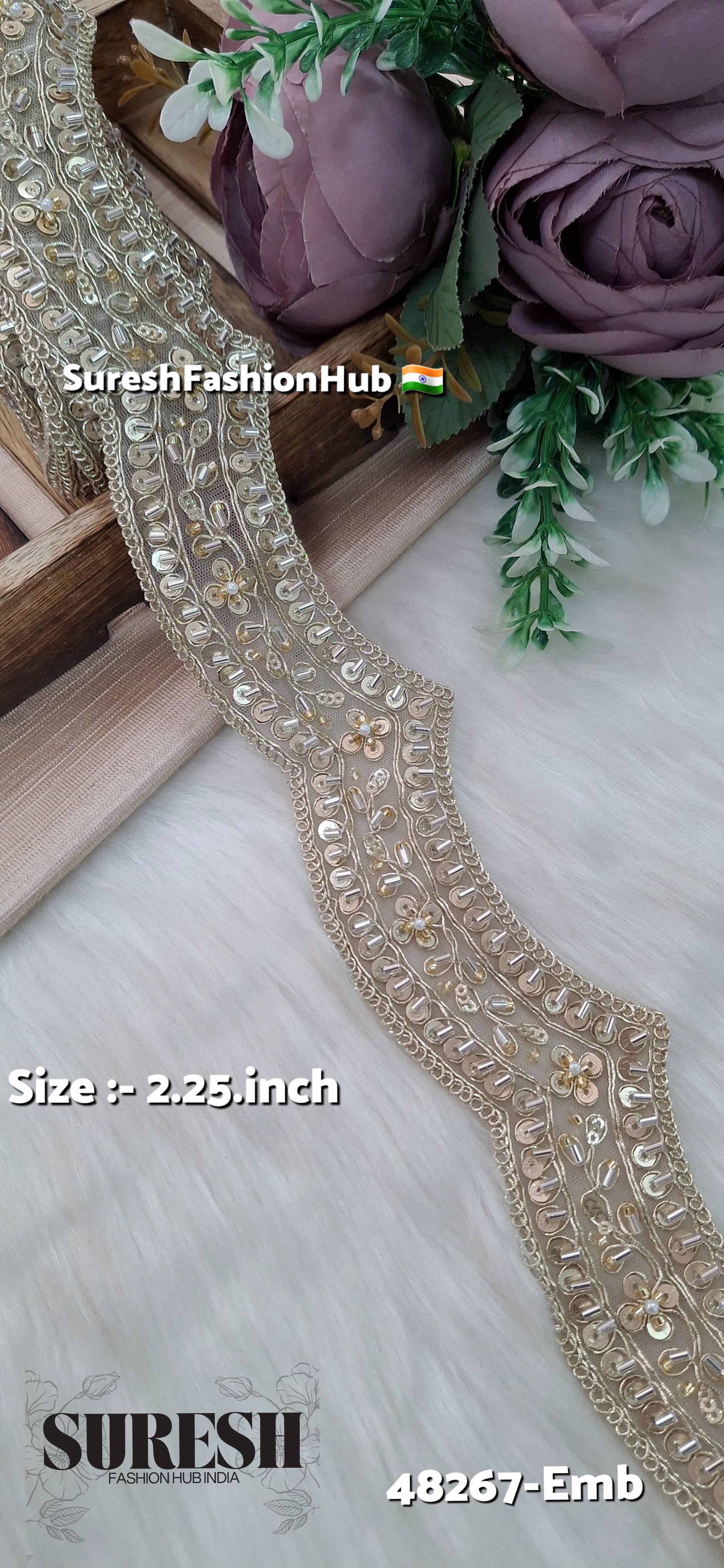 Dark Beige Scallop Pearl Embroidery Lace