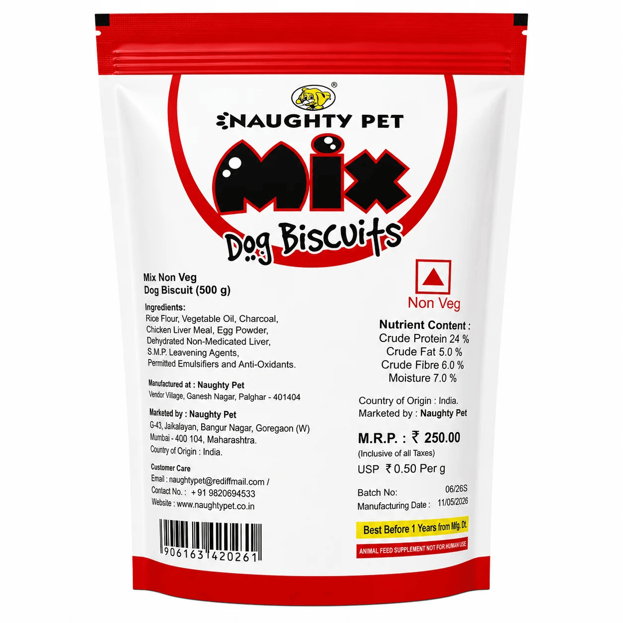 Naughty Pet Mix Non -Vegetarian Wheat Free Dog Biscuits Small Breed 500g