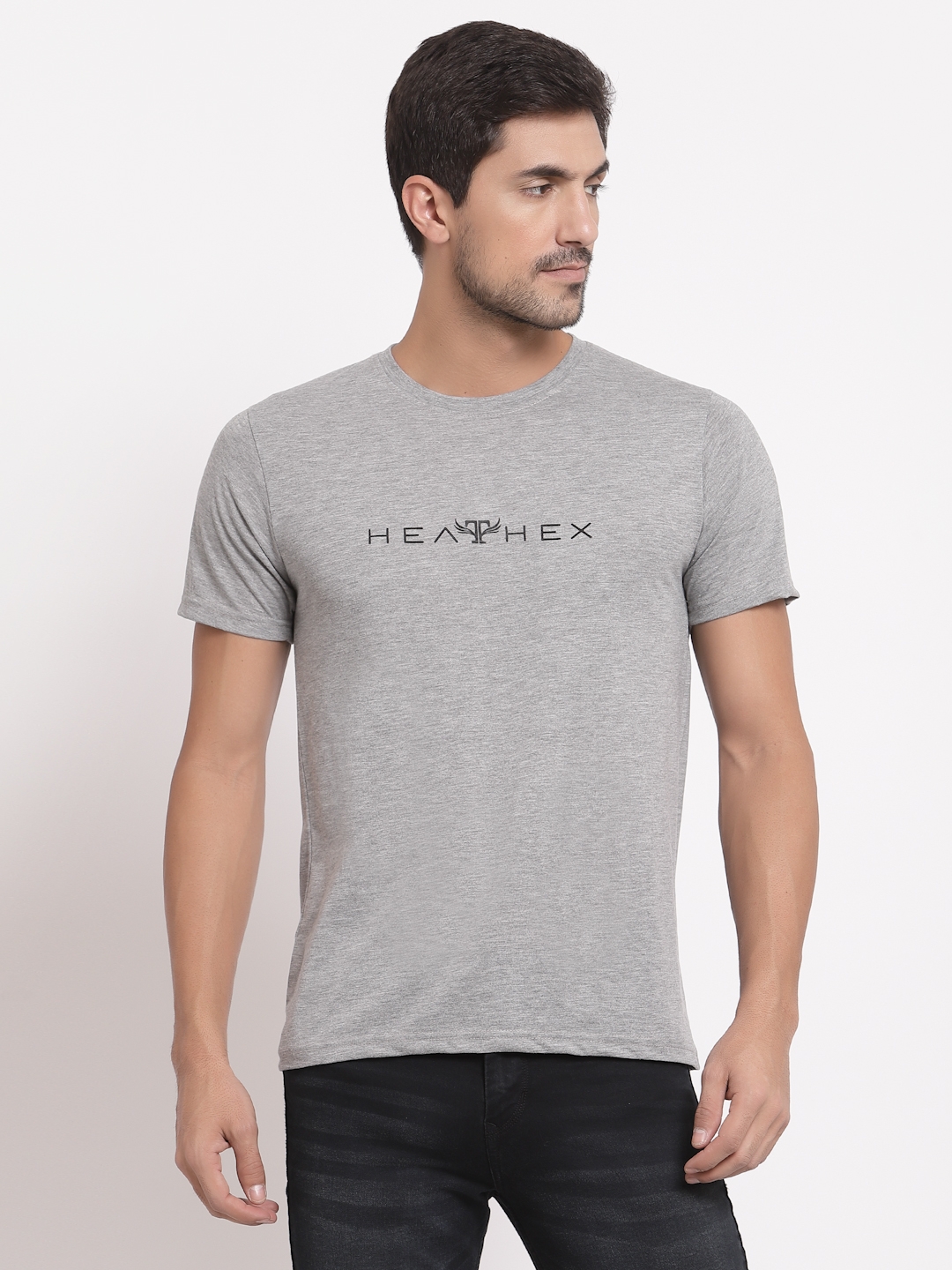 HEATHEX | HEATHEX Cotton Blend Printed Half Sleeve Light Grey T-Shirt for Men 0