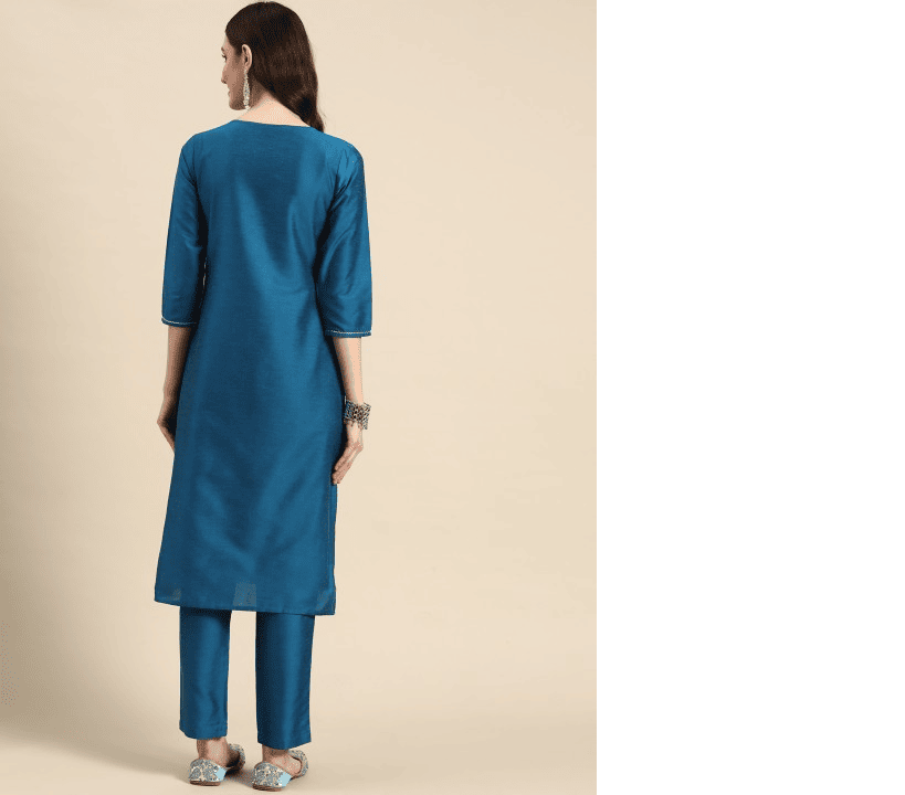 Women Blue Thread Work Kurta with Trousers