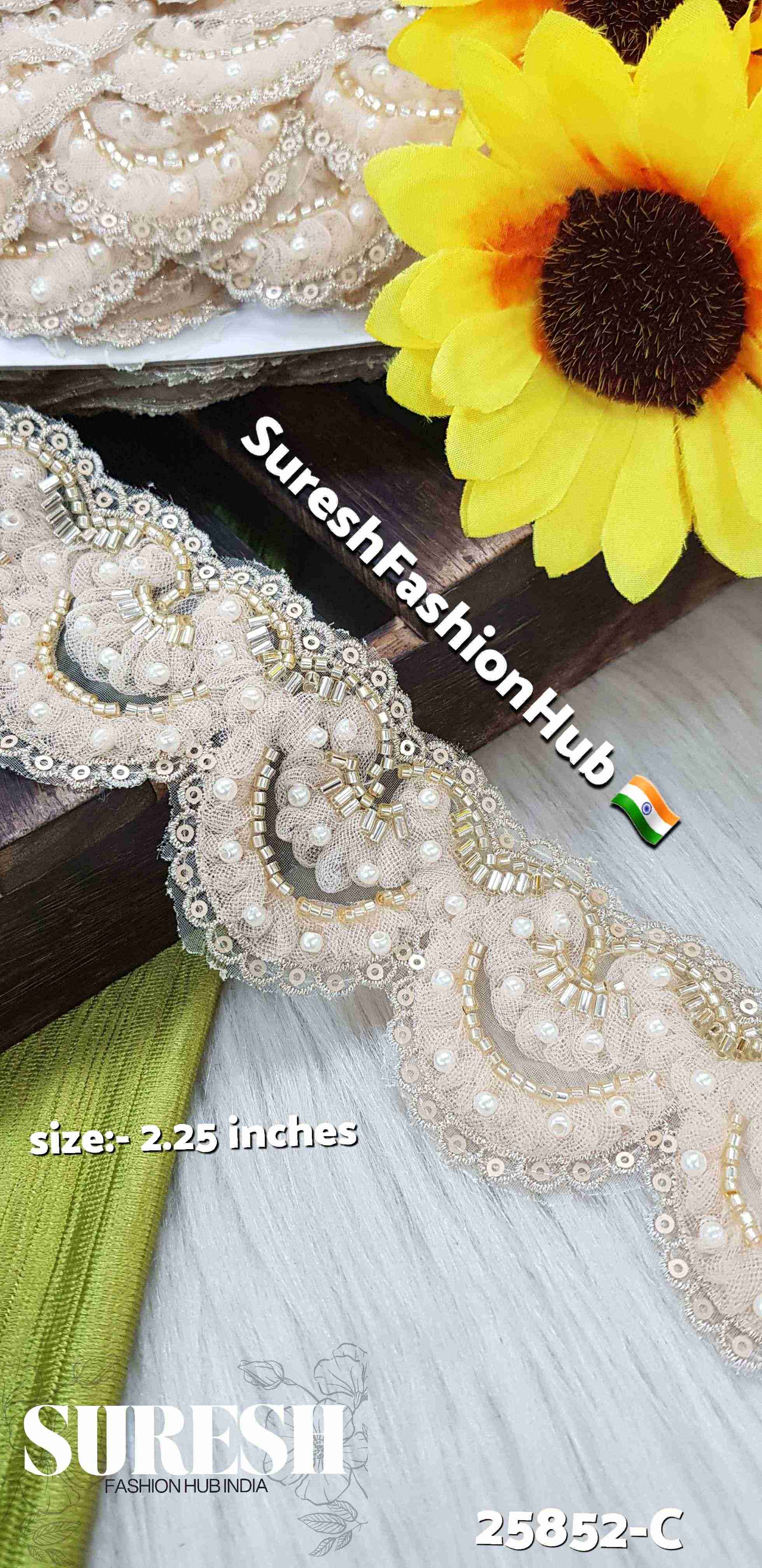 Cream-Gold Imported Floral Scallop Organza Lace
