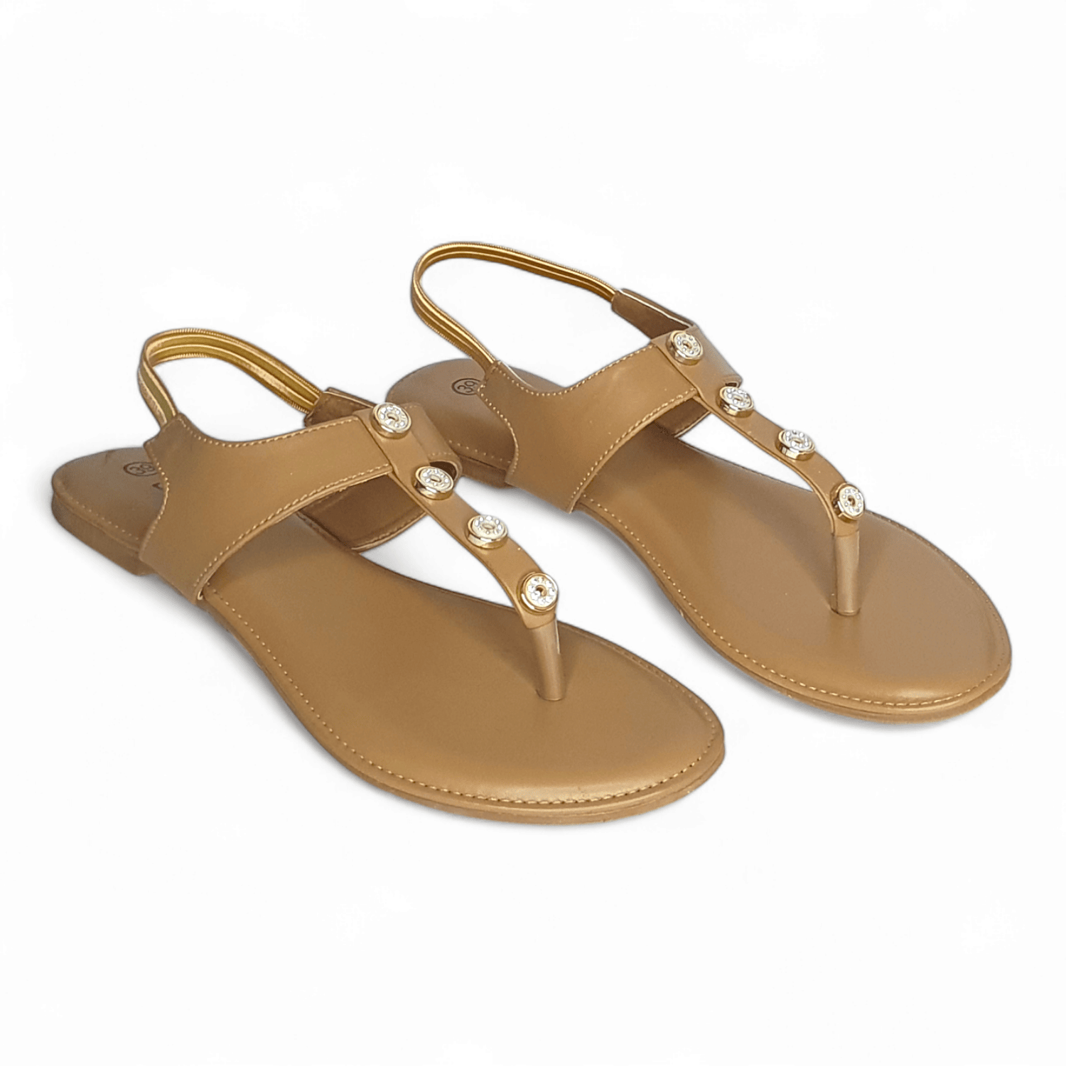 Sawadi Women’s Tan Flat Sandals | Stylish Stone-Embellished Casual Footwear for Daily Wear