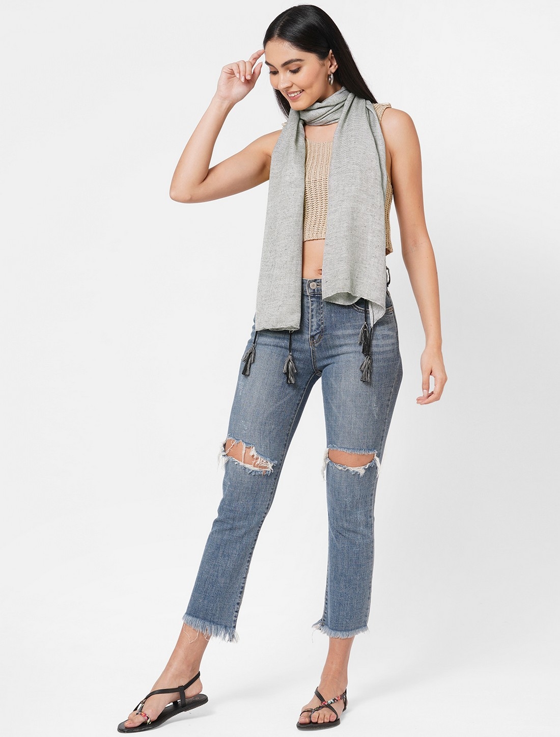 Get Wrapped | Get Wrapped Grey Dotted Scarves with Tassels 2