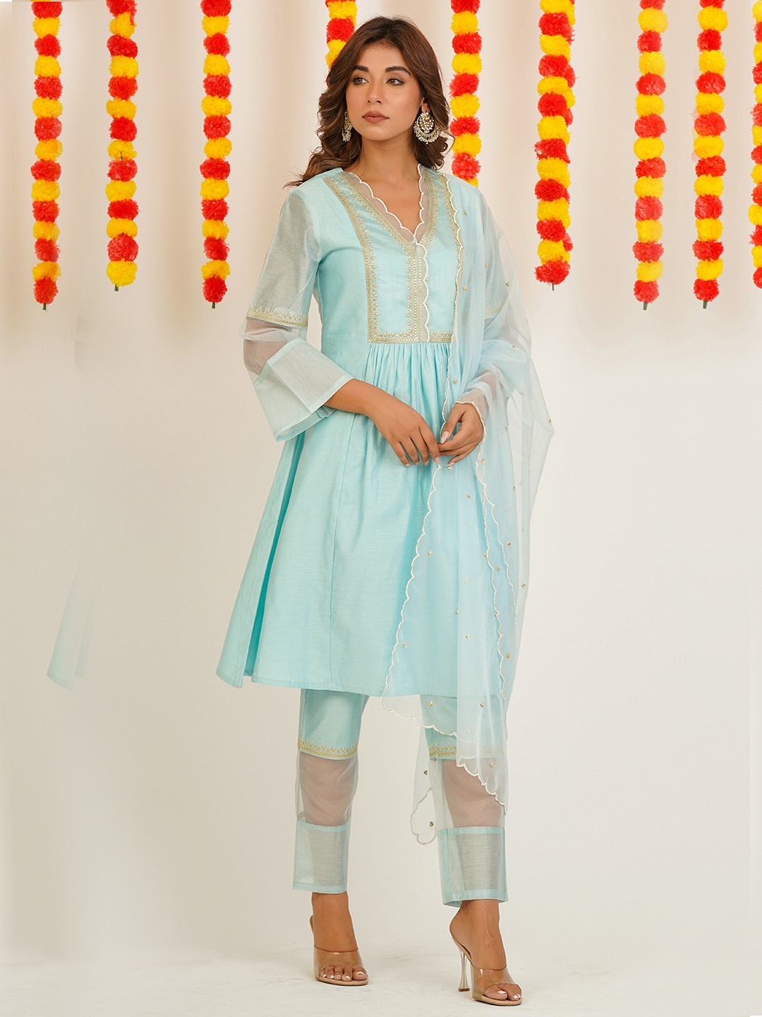 Viscose Chanderi Embroidered  Anarkali kurta set