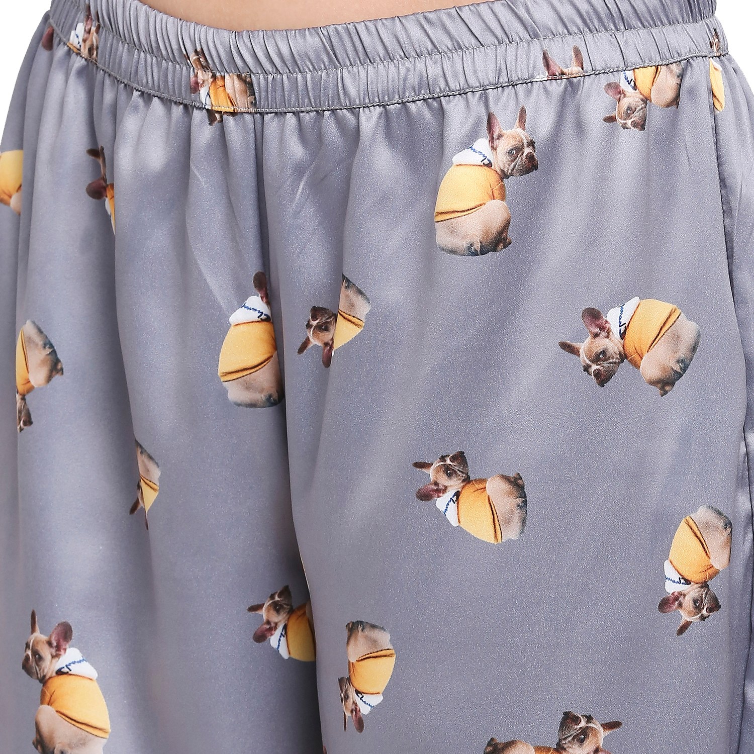 Smarty Pants women's silk satin grey color dog printed night suit.