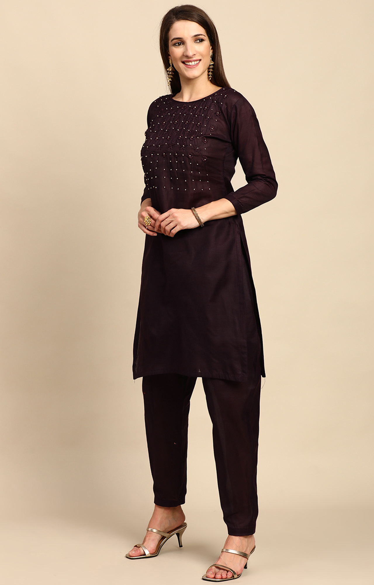 Shaily Women Brown Color Cotton Embroidered With Pearl Unstitched Dress Material-VF_KRINA_BRWN_DM