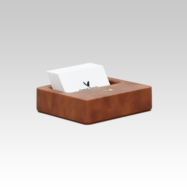 Visiting Card Holder for Desk | Faux Leather | Square | Classic | Tan