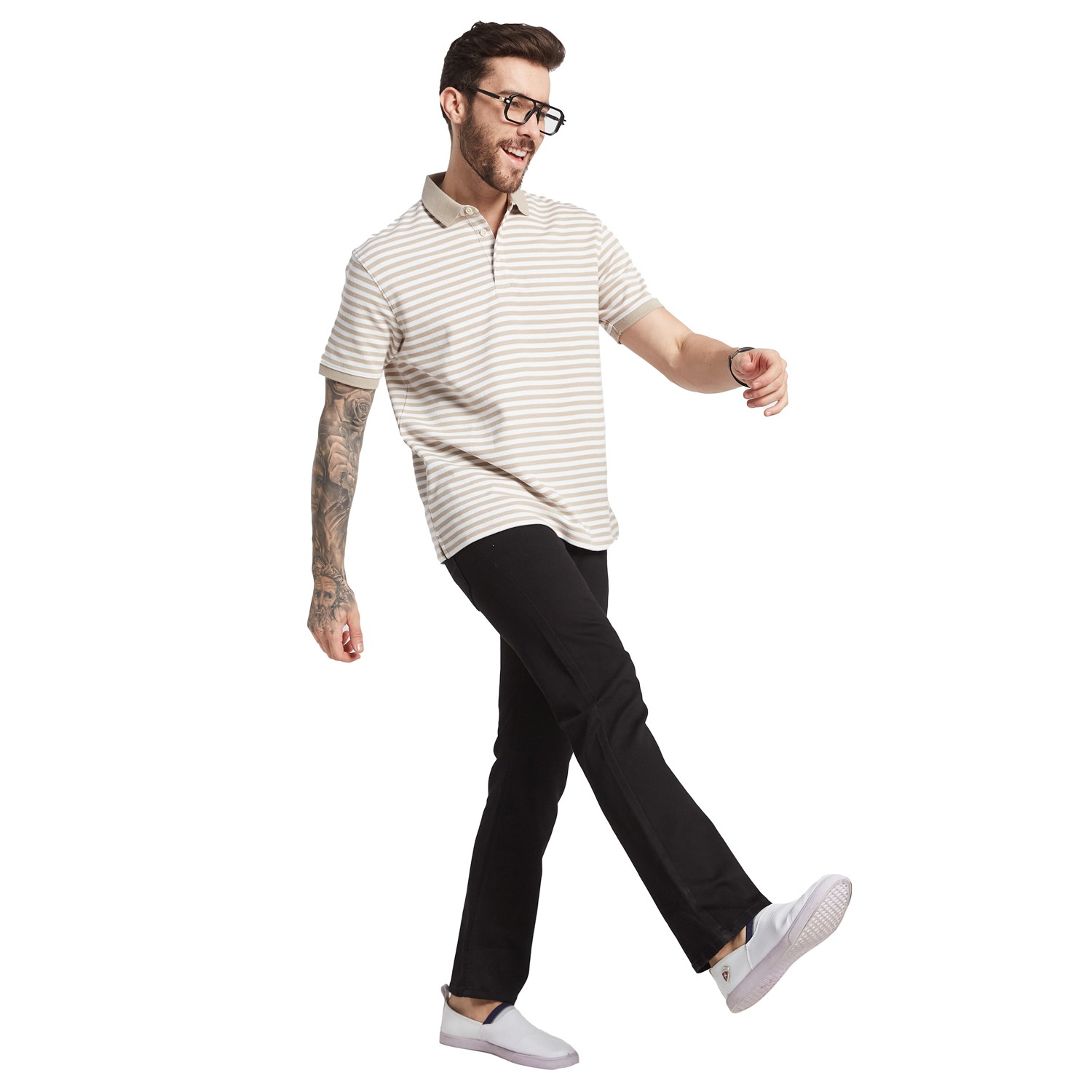 Octave Men Striped Polo Collar Monochrome Pockets T-Shirt
