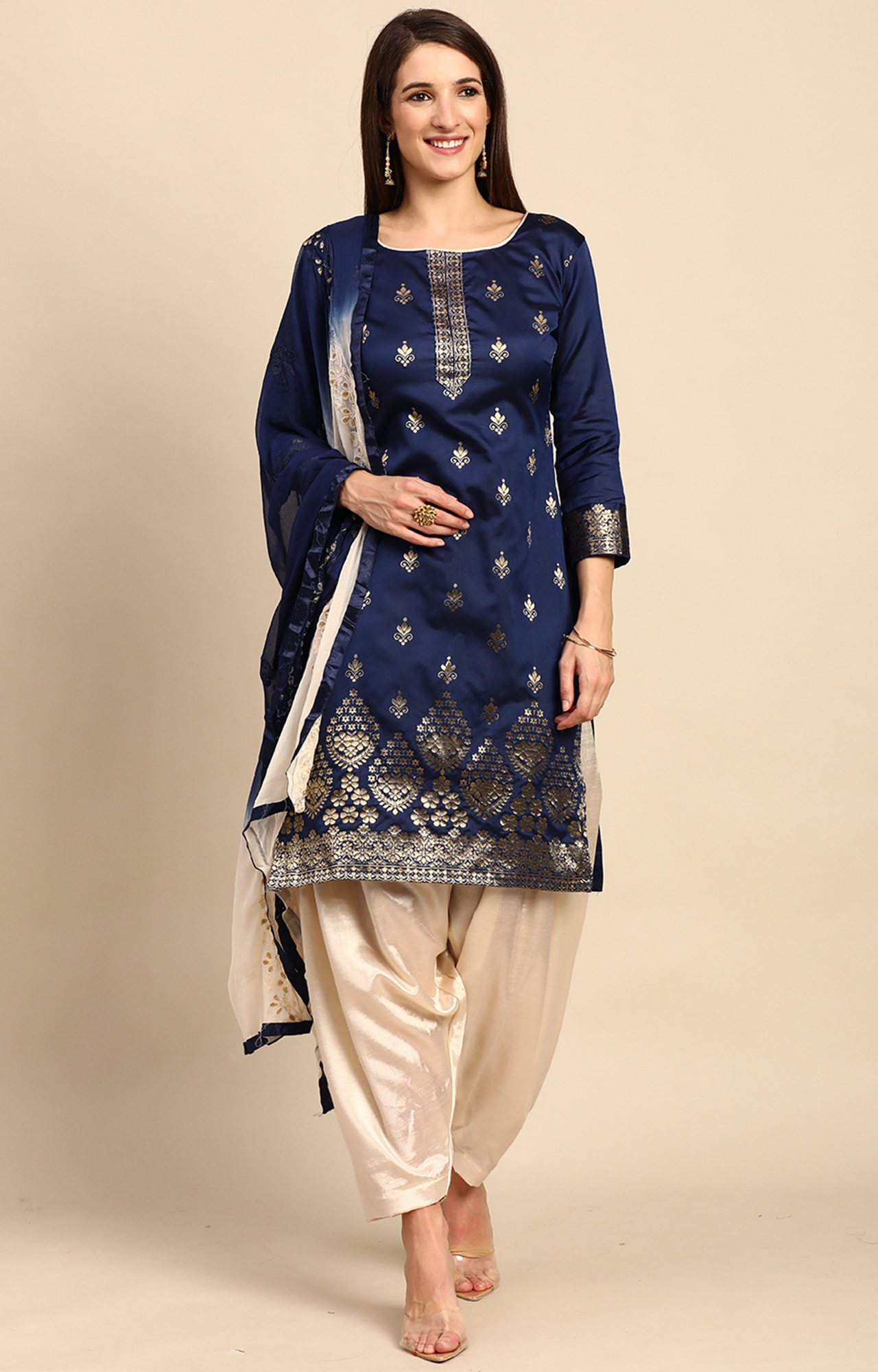 Shaily Women Navy Blue Color Jacquard Woven Design Unstitched Dress Material-VF_SAGUN_NBLUE_DM
