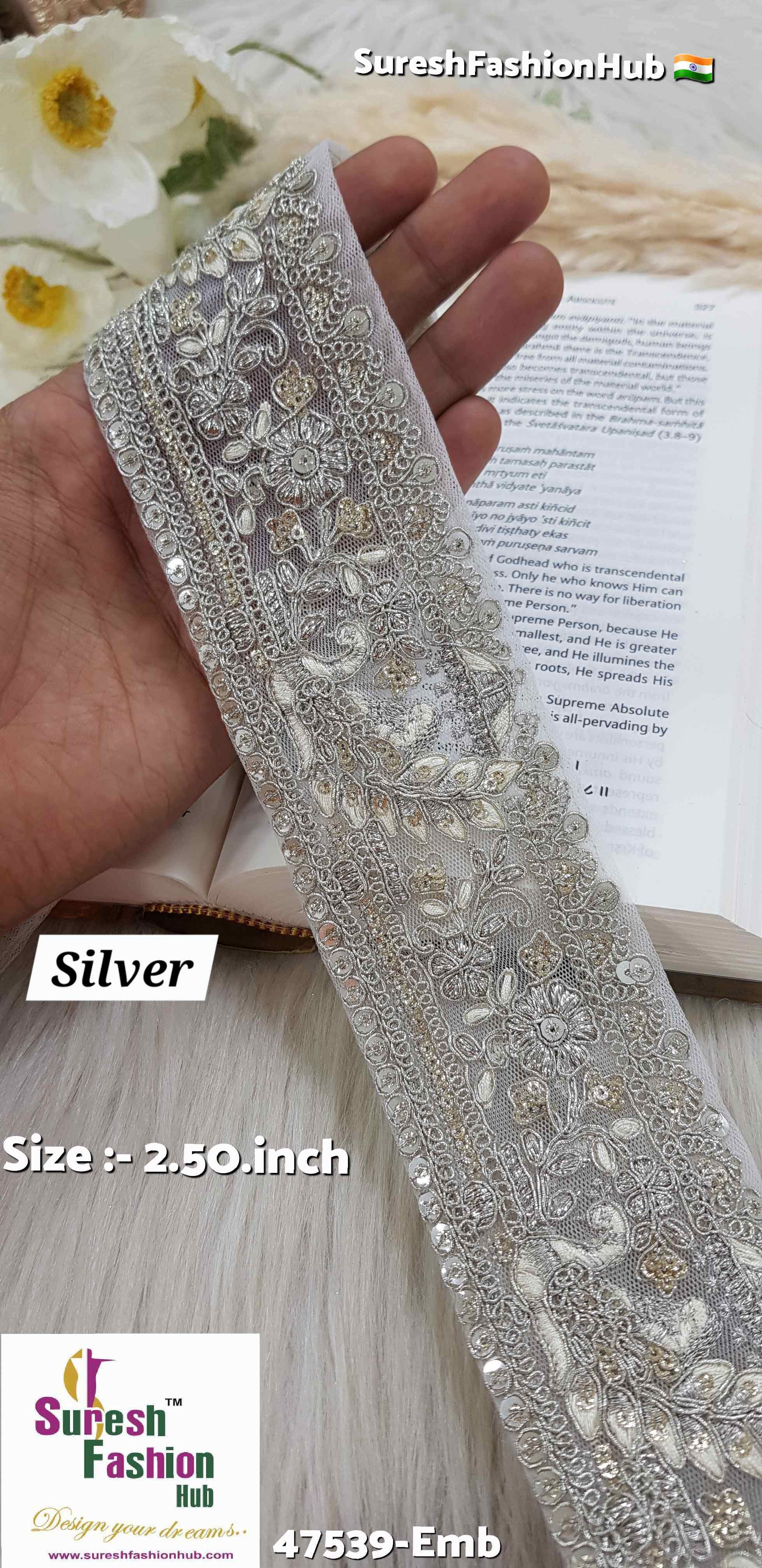 Certainly! Here are some ALT text suggestions that incorporate a variety of keywords to help improve your visibility on Google: 1. "Navratri Banarasi Laces - Traditional Indian Festive Laces" 2. "Golden Silver Banarasi Lace - Elegant Metallic Trims for Garments" 3. "Cutwork Banarasi Laces - Intricate Openwork Designs"