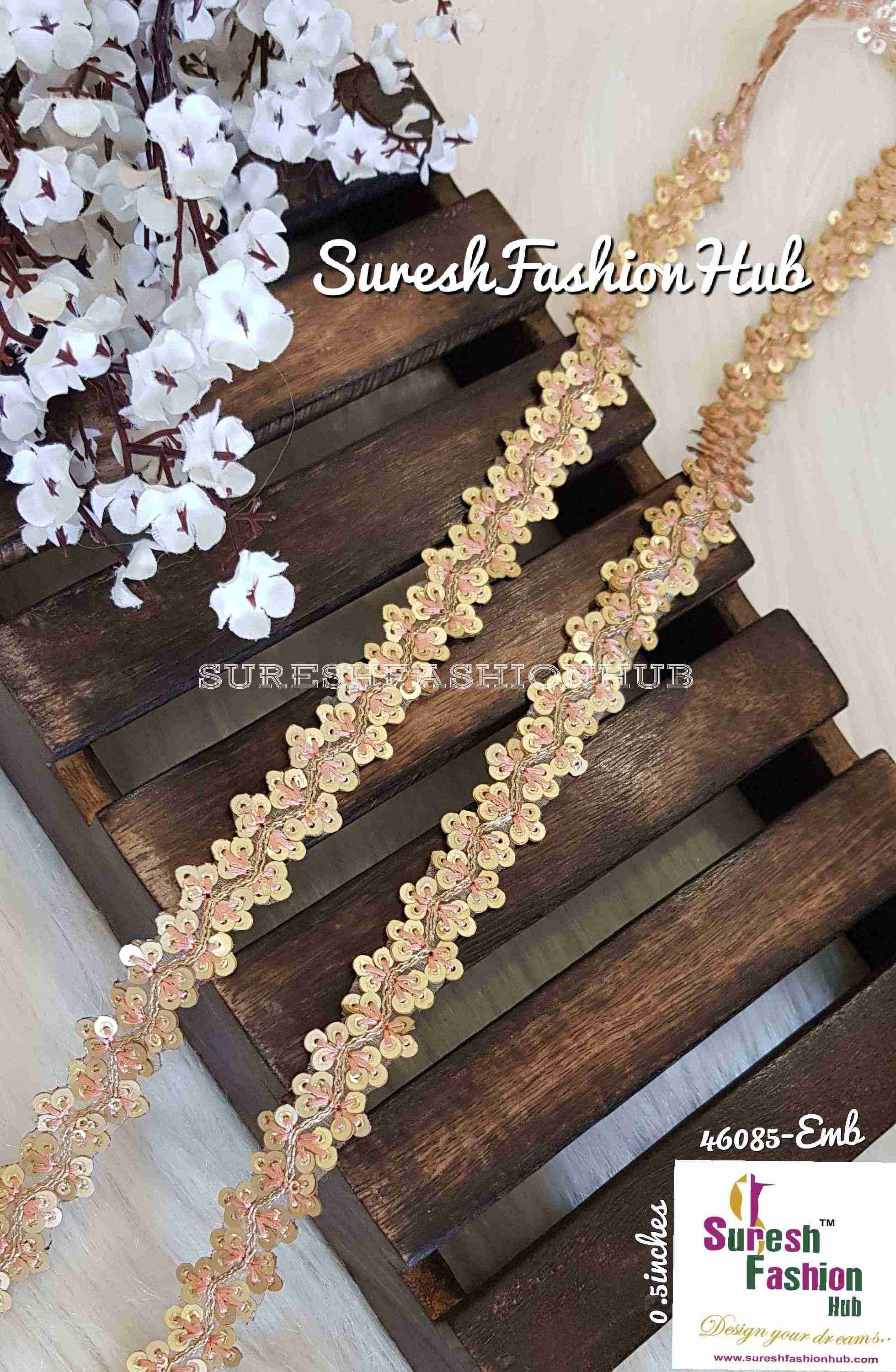 Sequence Salmon Pink Thread Embroidered Leaves Designer Trim