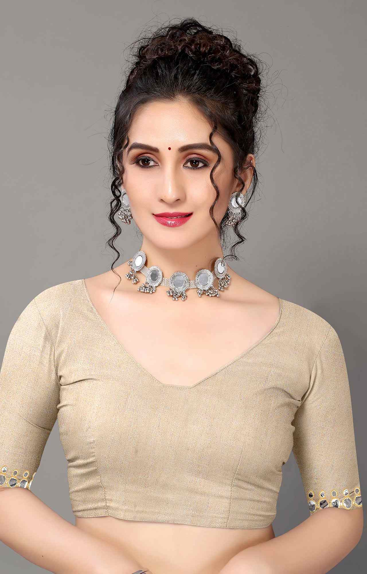 Women Beige Solid Georgette Saree with Mirror Work Border - HA_VASTRA_BEIGE