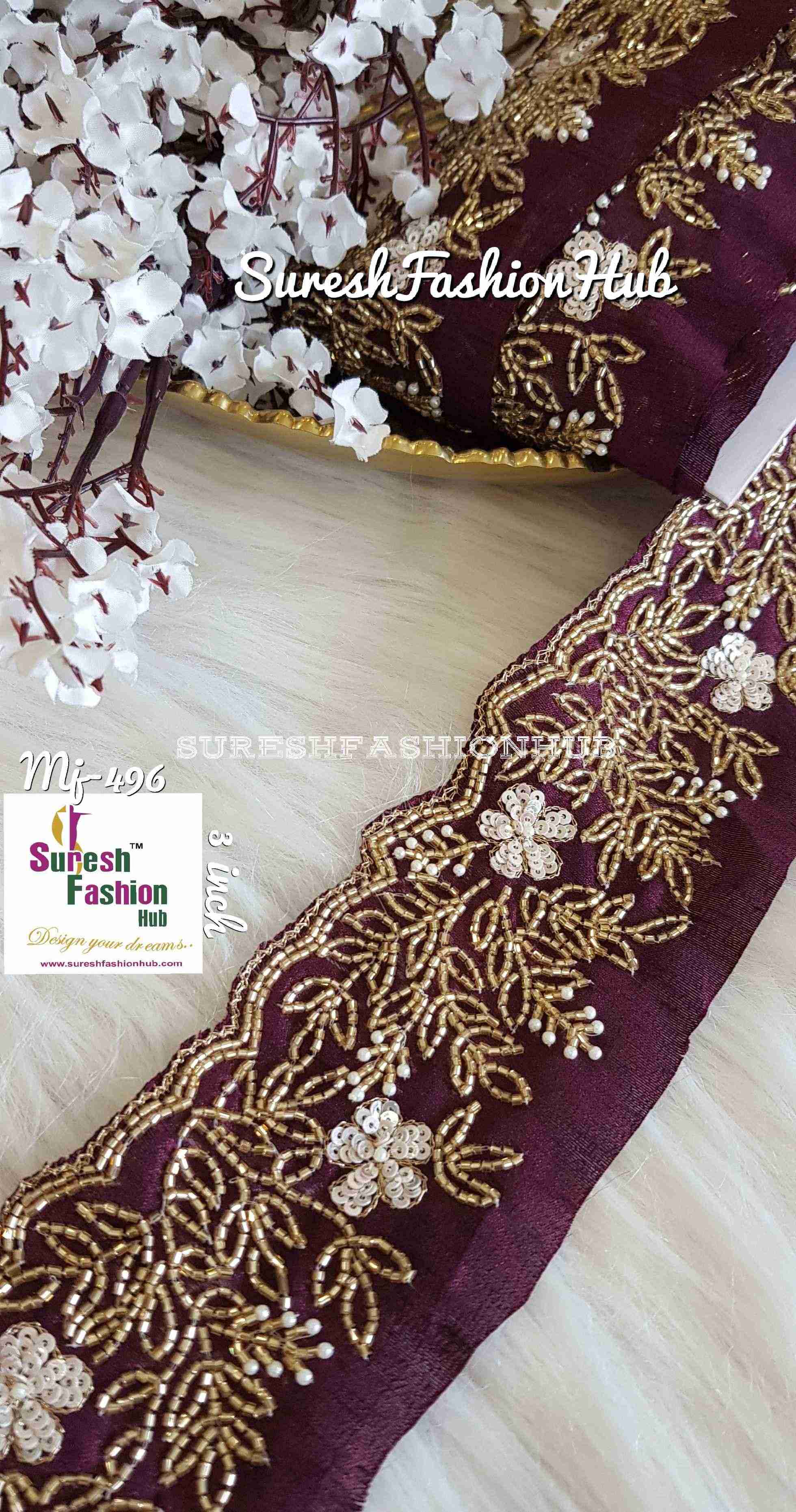 Hand Embroidered Wine Heavily Studded Trim