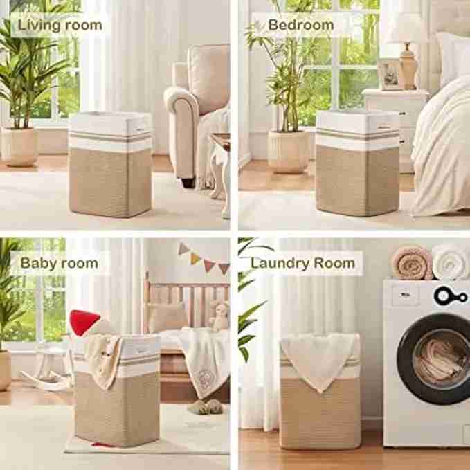 Cotton Rope Laundry Basket with Handles – Woven Storage Hamper for Blankets, Towels & Clothes – Beige White